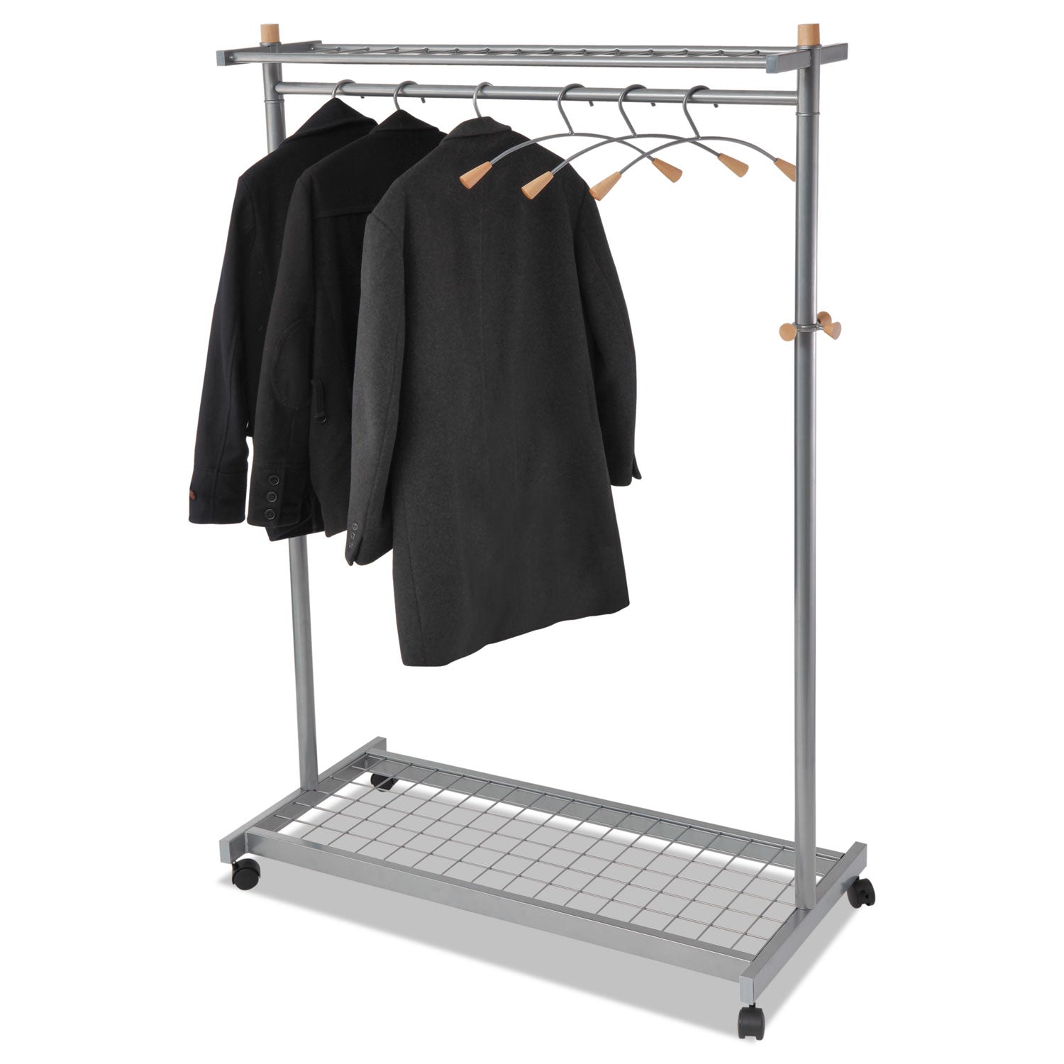 Garment Racks, Two-Sided, 2-Shelf Coat Rack, 6 Hanger/6 Hook, 44.8w x 21.67d x 70.8h, Silver/Wood - 