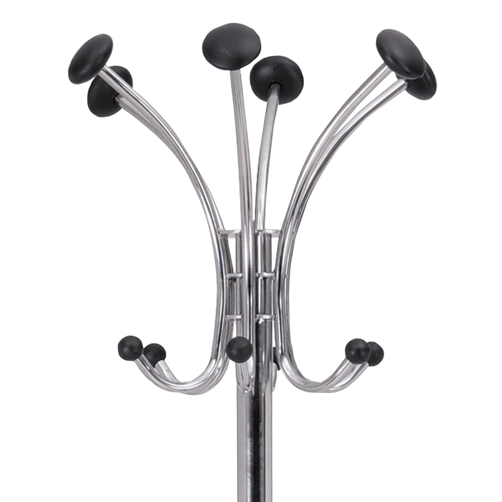Chromy Coat Stand, 12 Knobs, 16w x 16d x 70.5h, Chrome/Black - 