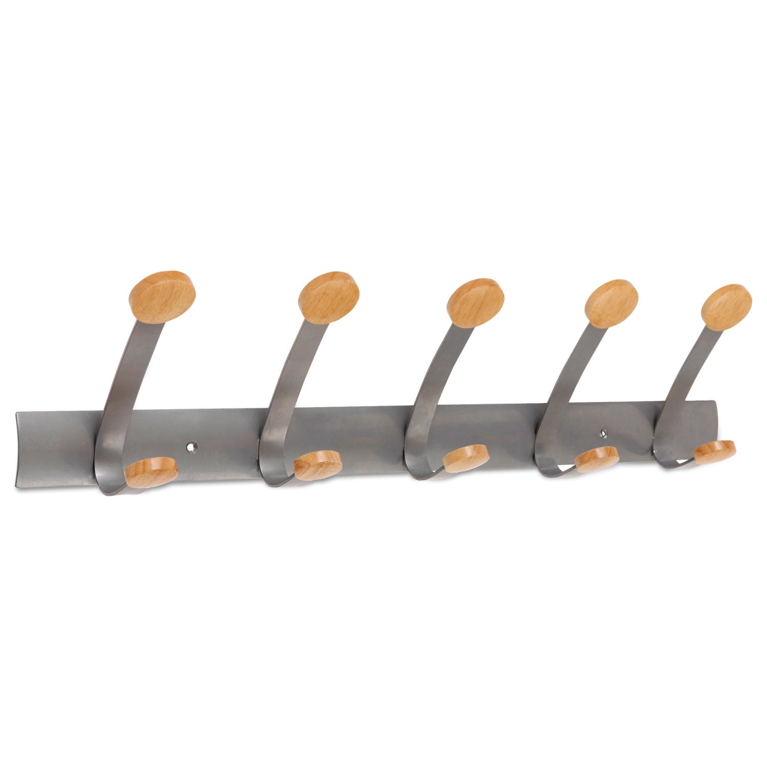 Wooden Coat Hook, Five Wood Peg Wall Rack, Brown/Silver, 45 lb Capacity - 