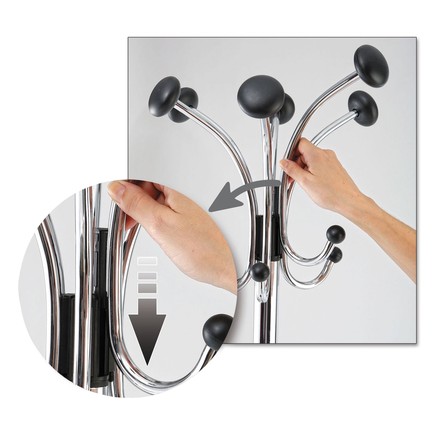 Chromy Coat Stand, 12 Knobs, 16w x 16d x 70.5h, Chrome/Black - 