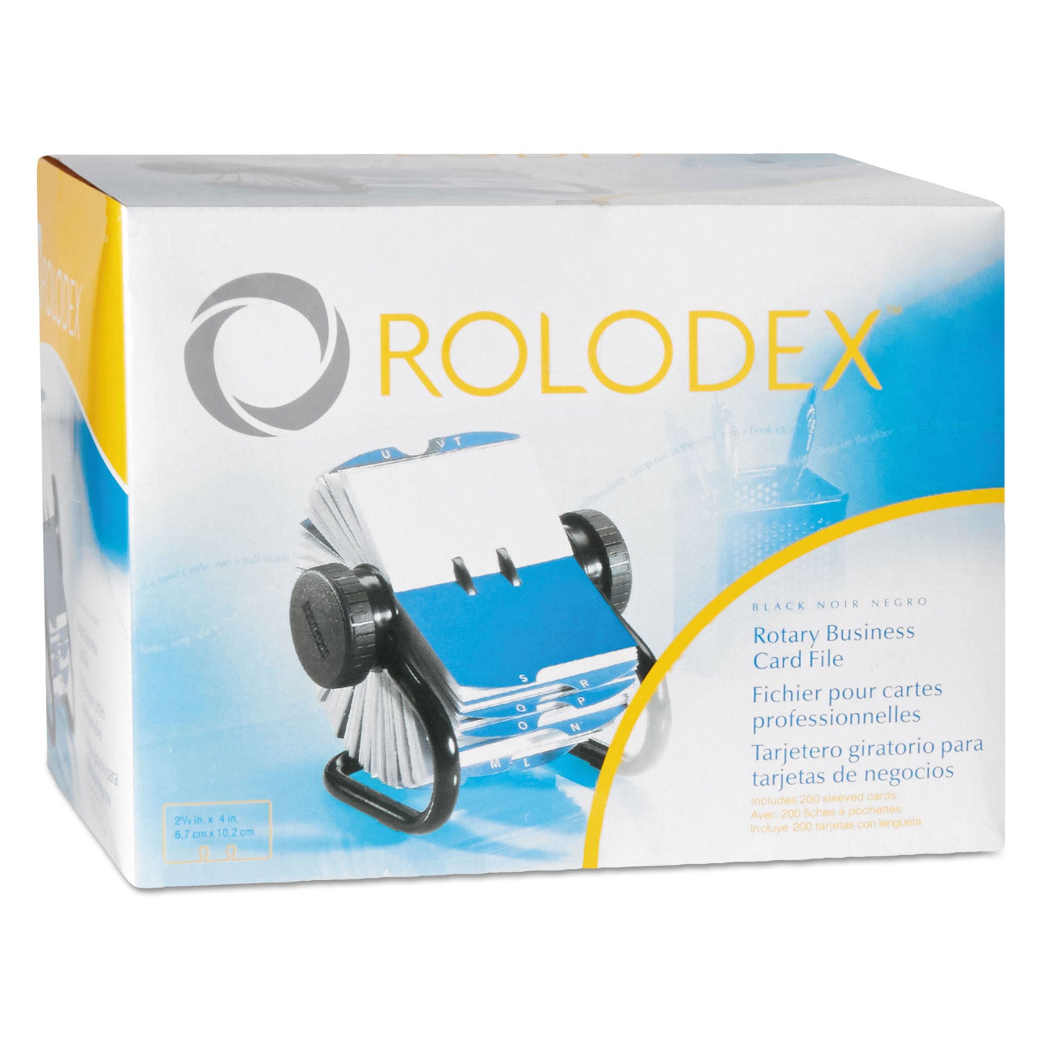 Open Rotary Business Card File with 24 Guides, Holds 400 2.63 x 4 Cards, 6.5 x 5.61 x 5.08, Metal, Black - 