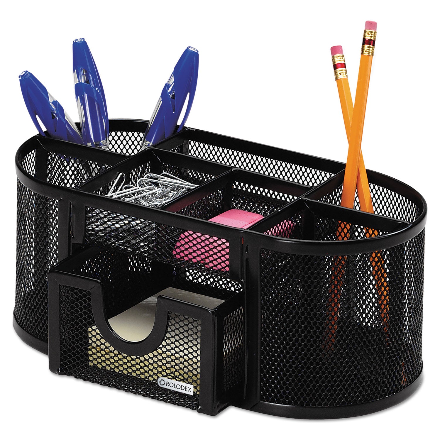 Mesh Oval Pencil Cup Organizer, 4 Compartments, Steel, 9.38 x 4.5 x 4, Black - 