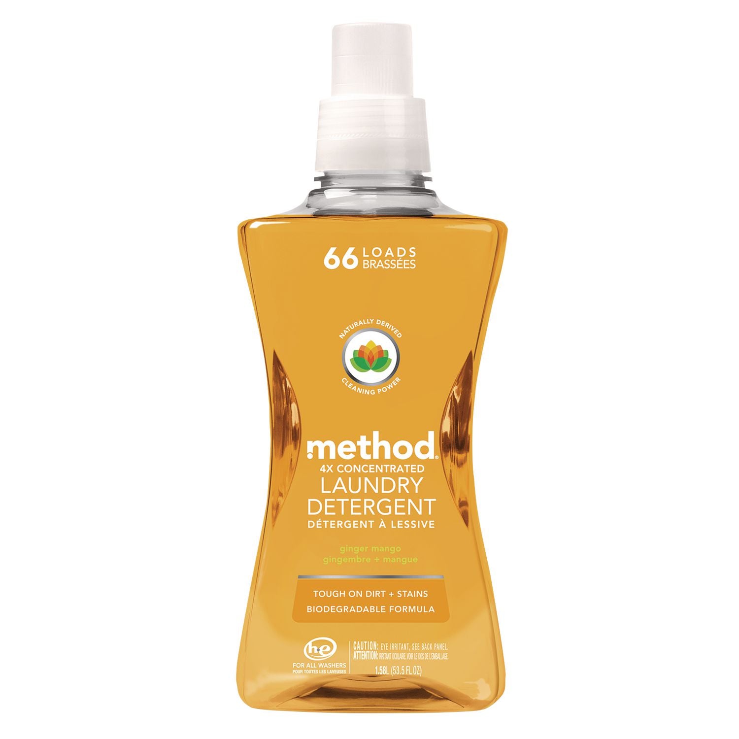 4X Concentrated Laundry Detergent, Ginger Mango, 53.5 oz Bottle, 4/Carton