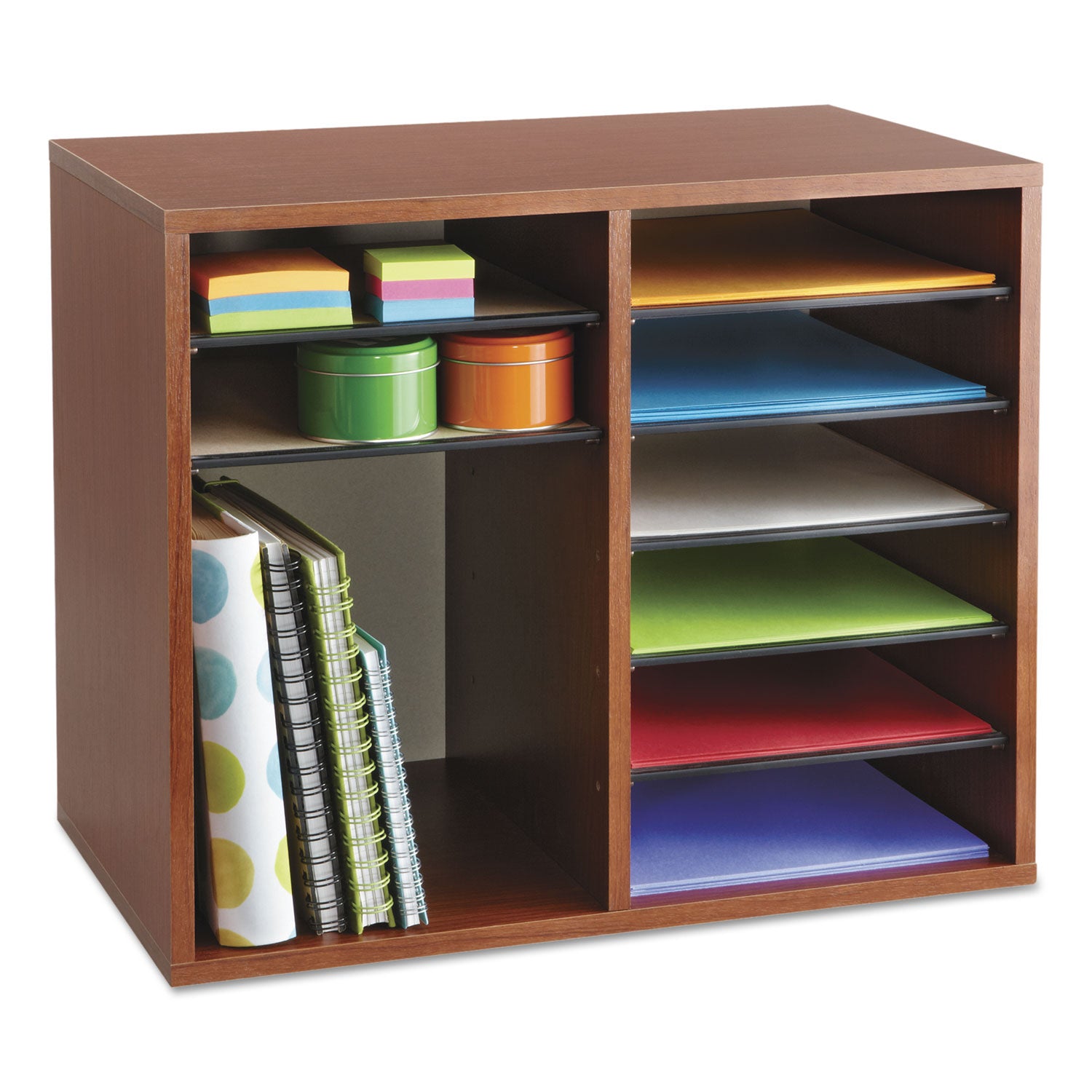 Fiberboard Literature Sorter, 12 Compartments, 19.63 x 11.88 x 16.13, Cherry - 