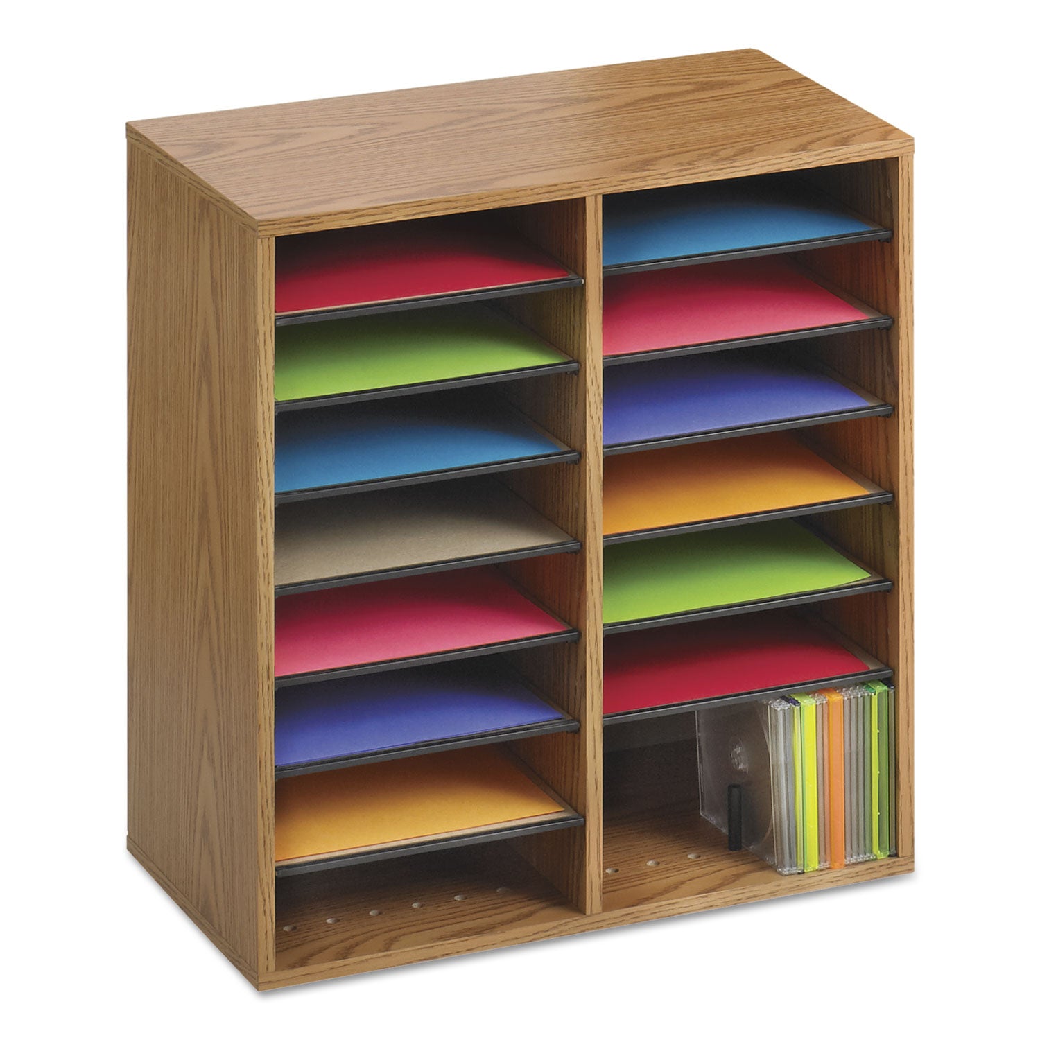 Wood/Laminate Literature/CD Sorter, 16 Compartments, 19.5 x 11.75 x 21, Medium Oak - 