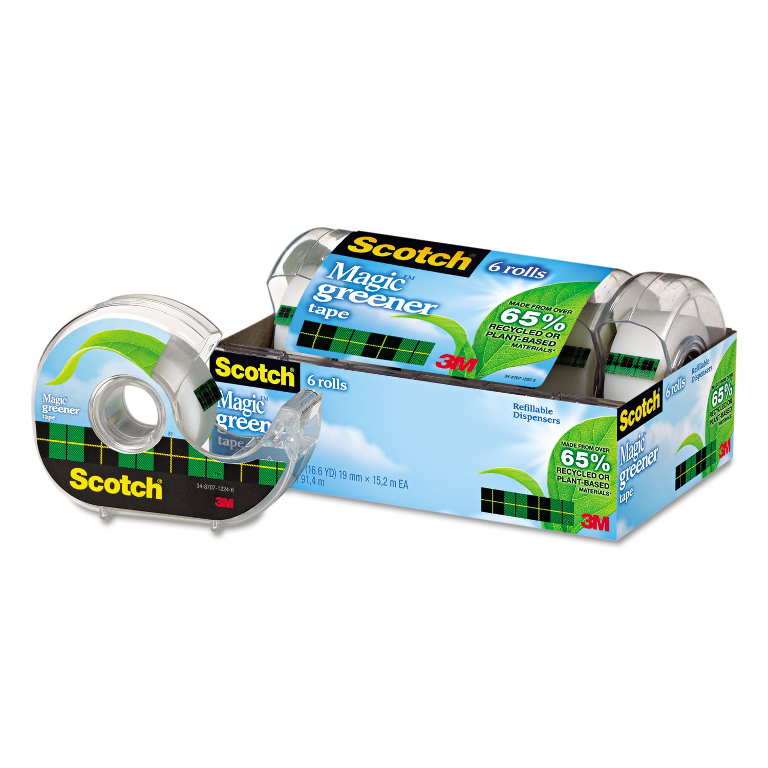 Magic Greener Tape with Dispenser, 1" Core, 0.75" x 50 ft, Clear, 6/Pack - 