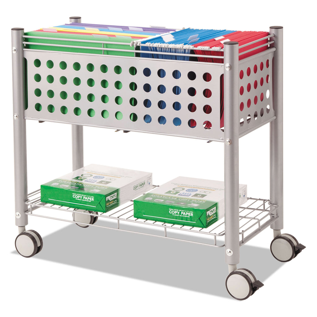 File Cart with Open Top, Metal, 1 Shelf, 2 Bins, 28.25" x 13.75" x 27.38", Matte Gray - 