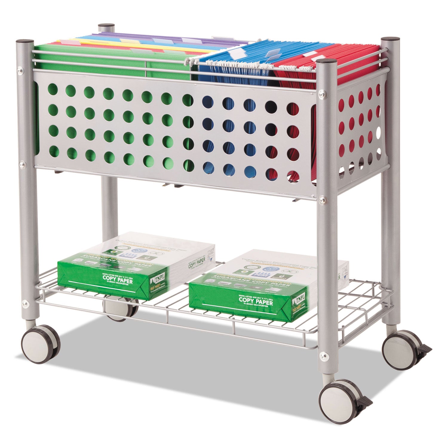 File Cart with Open Top, Metal, 1 Shelf, 2 Bins, 28.25" x 13.75" x 27.38", Matte Gray - 