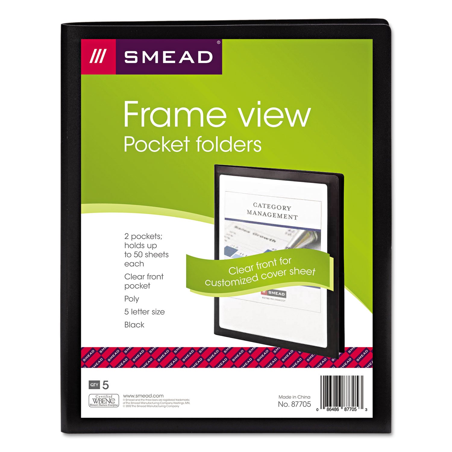 Frame View Poly Two-Pocket Folder, 100-Sheet Capacity, 11 x 8.5, Clear/Black, 5/Pack - 