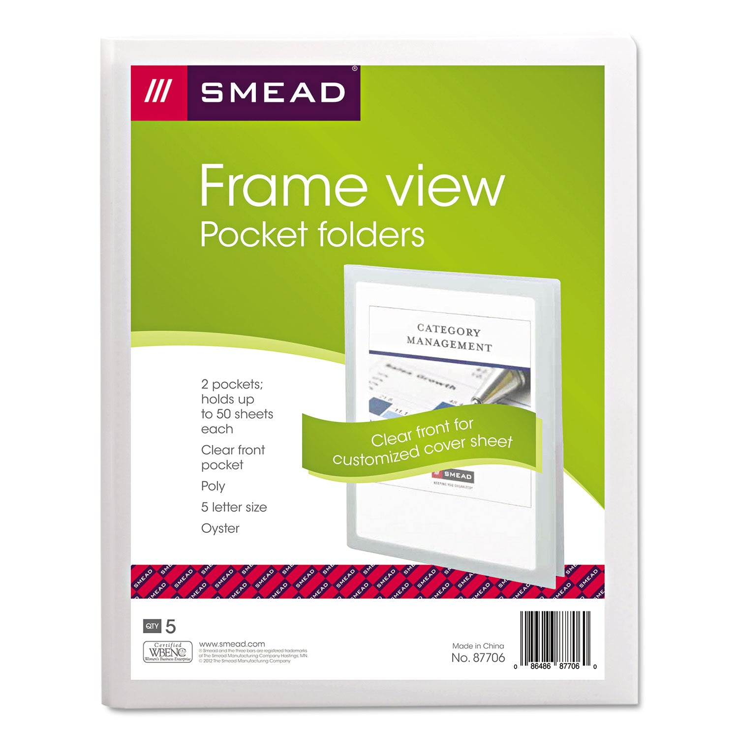 Frame View Poly Two-Pocket Folder, 100-Sheet Capacity, 11 x 8.5, Clear/Oyster, 5/Pack