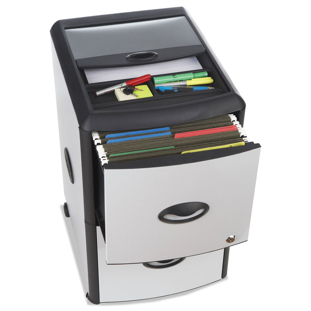 Mobile Filing Cabinet with Metal Siding and Top-Drawer Organizer Tray, 2 Letter File Drawers, Silver/Black, 19" x 15" x 23