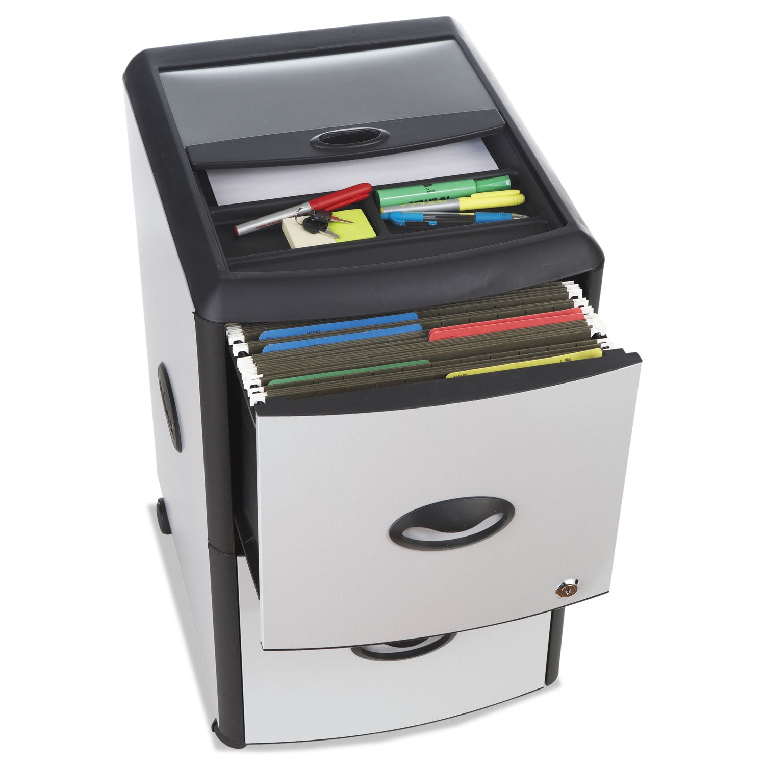 Mobile Filing Cabinet with Metal Siding and Top-Drawer Organizer Tray, 2 Letter File Drawers, Silver/Black, 19" x 15" x 23