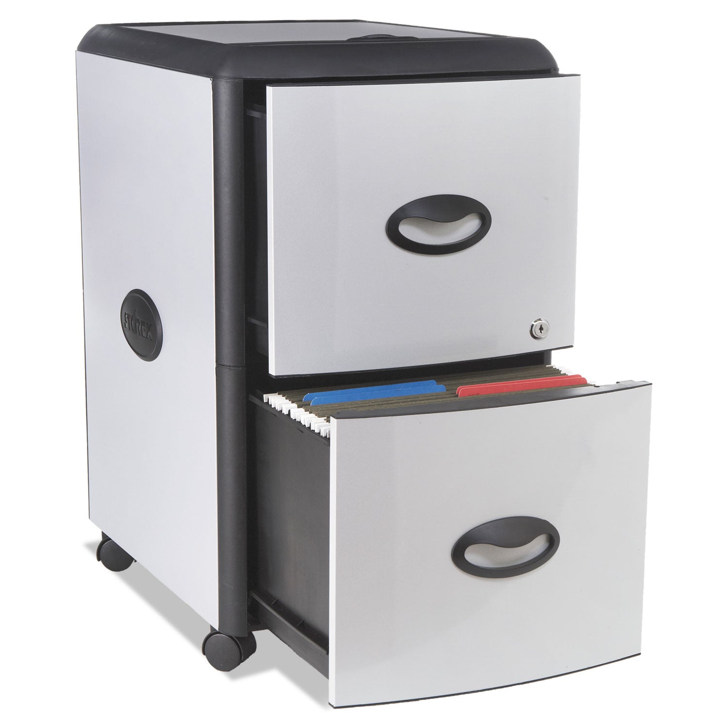 Mobile Filing Cabinet with Metal Siding and Top-Drawer Organizer Tray, 2 Letter File Drawers, Silver/Black, 19" x 15" x 23