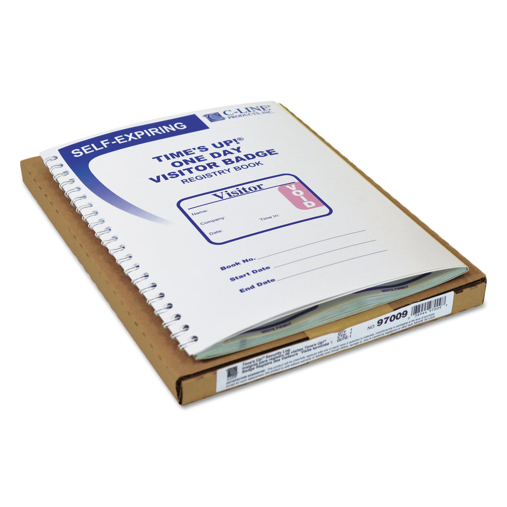 Time's Up Self-Expiring Visitor Badges with Registry Log, 3 x 2, White, 150 Badges/Box