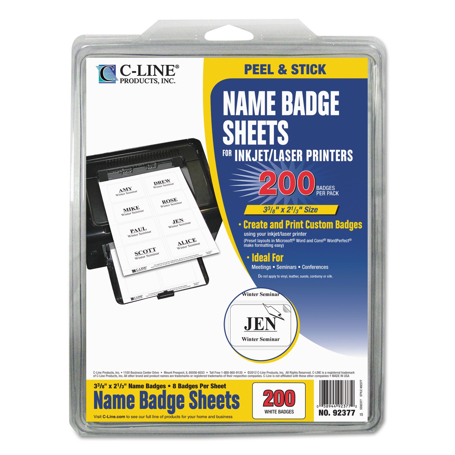 Laser Printer Name Badges, 3 3/8 x 2 1/3, White, 200/Box - 