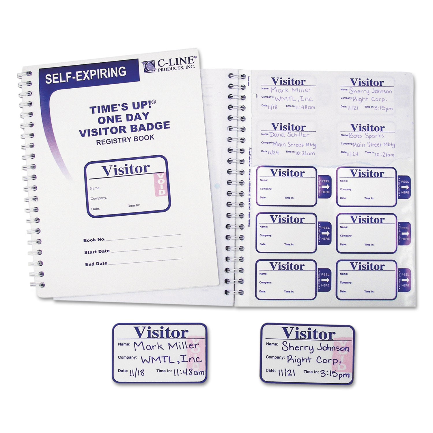 Time's Up Self-Expiring Visitor Badges with Registry Log, 3 x 2, White, 150 Badges/Box - 