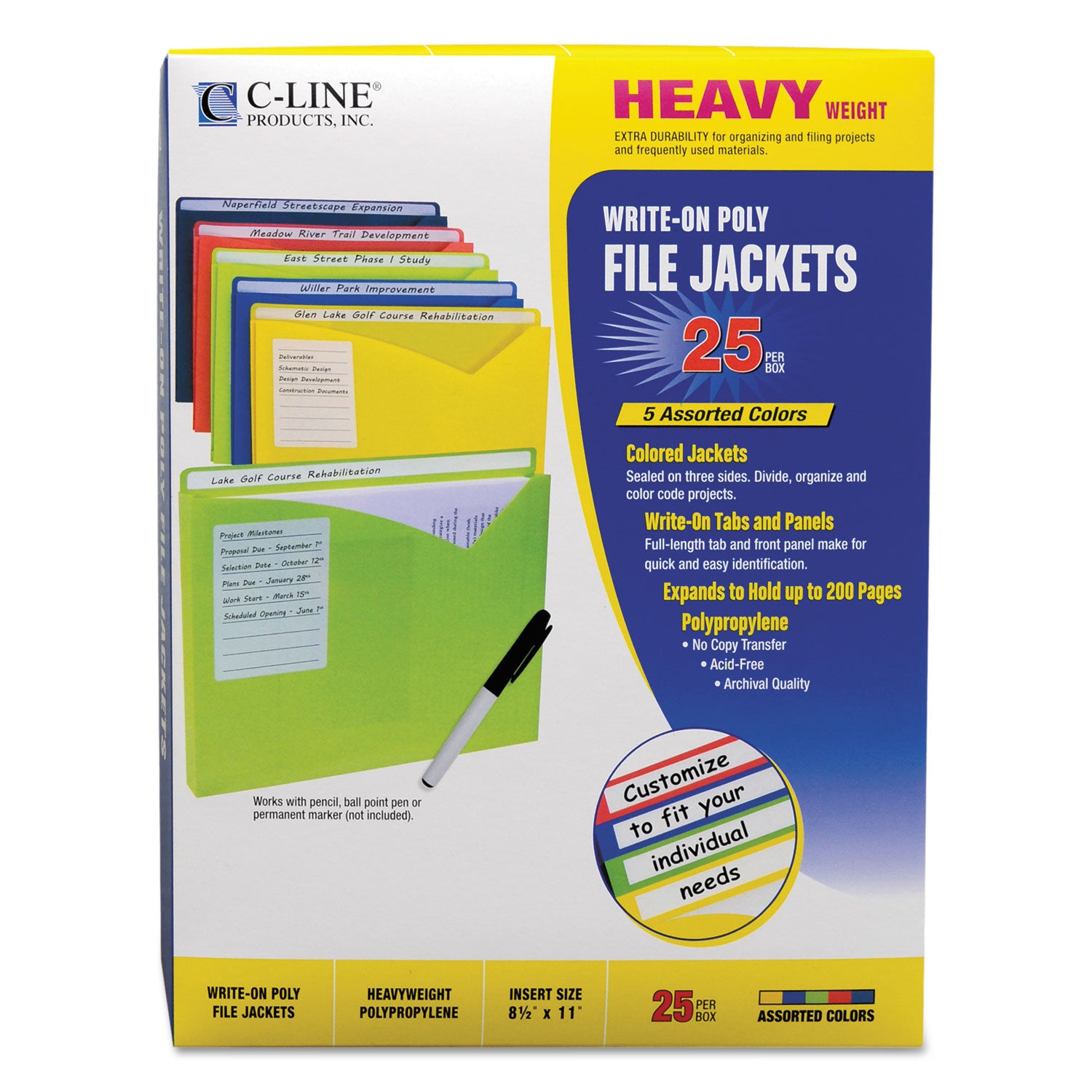 Write-On Poly File Jackets, Straight Tab, Letter Size, Assorted Colors, 25/Box - 