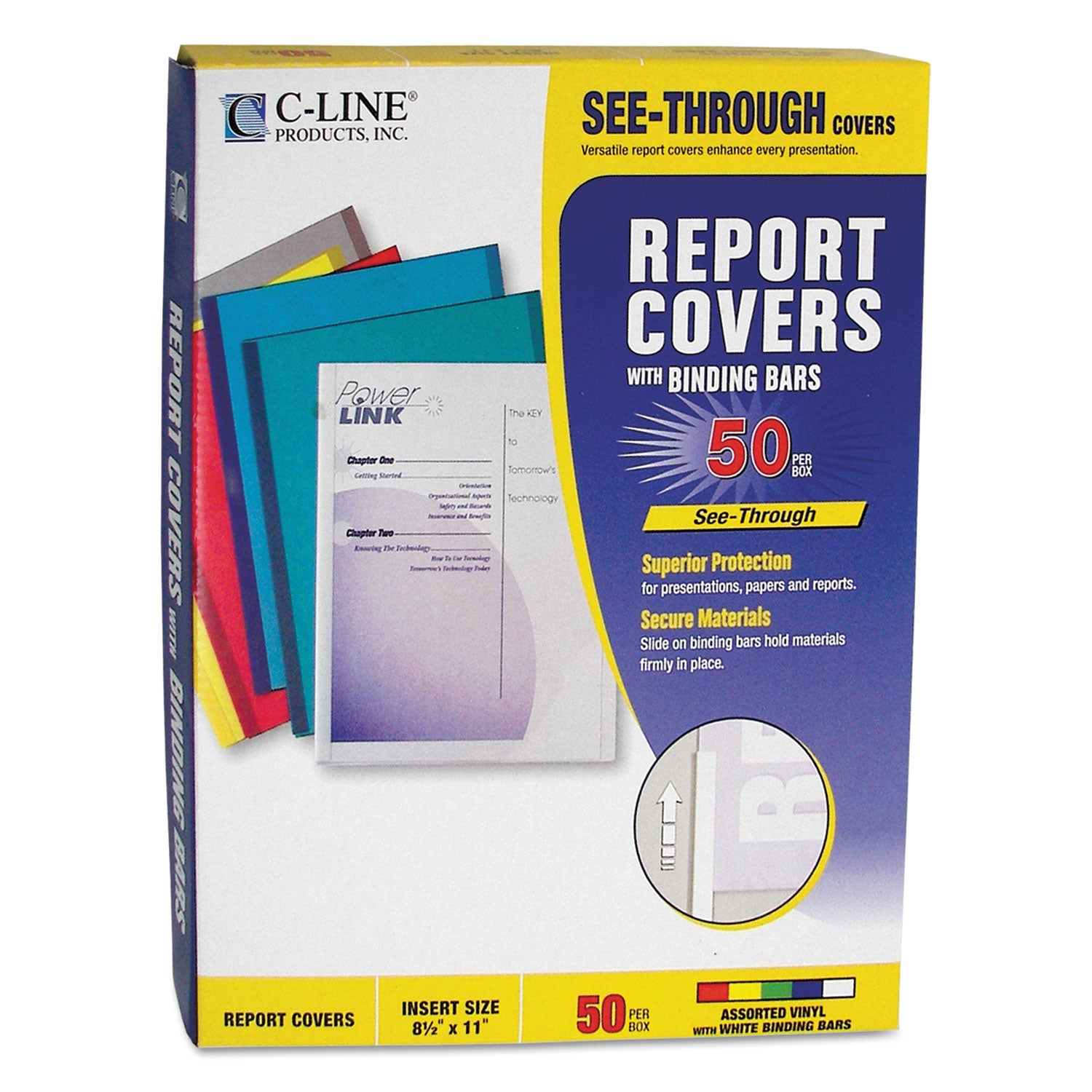 Vinyl Report Covers, 0.13" Capacity, 8.5 x 11, Clear/Assorted, 50/Box - 