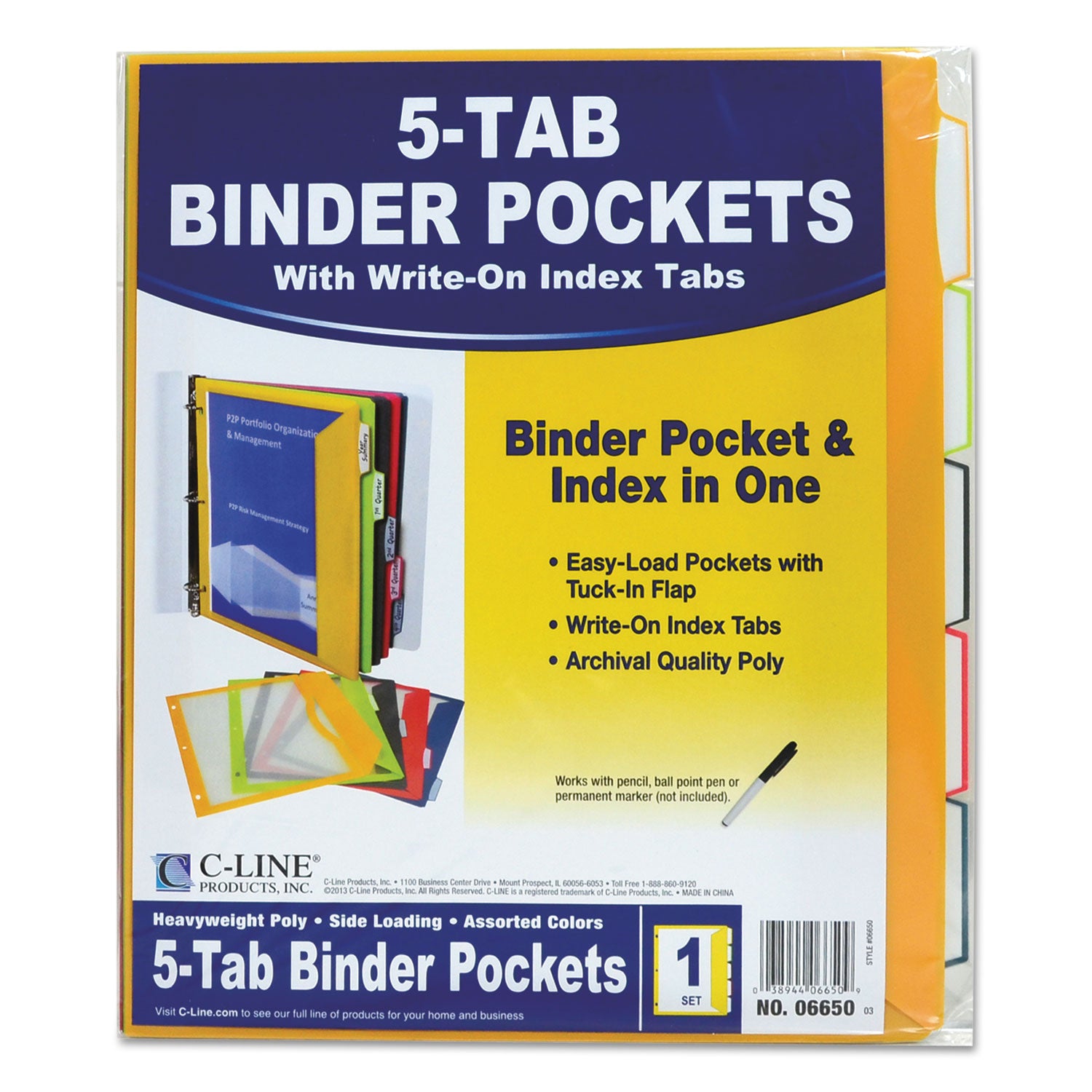 Binder Pocket With Write-On Index Tabs, 9.88 x 11.38, Assorted, 5/Set - 