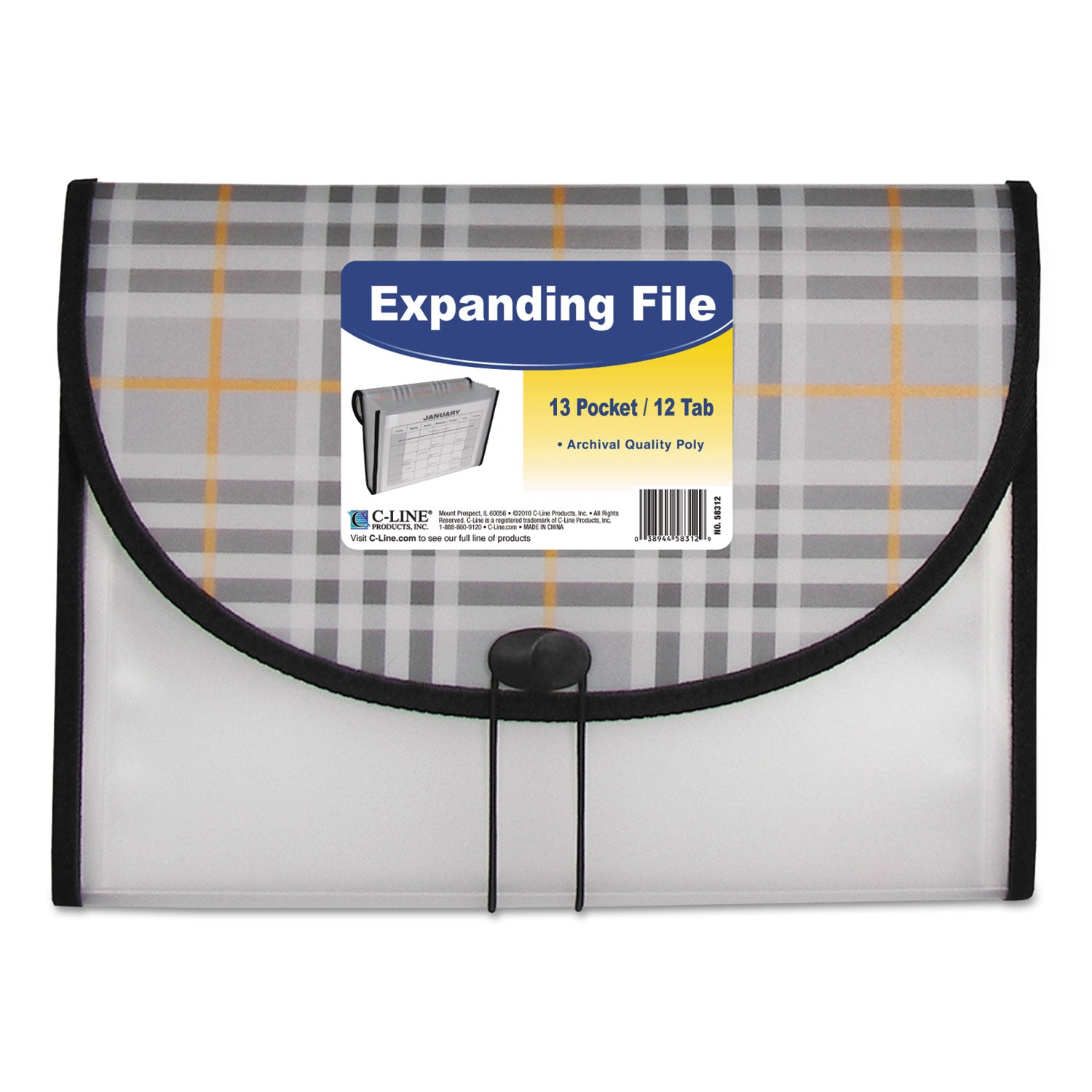 Plaid Design Expanding Files, 1.5" Expansion, 13 Sections, Cord/Hook Closure, 1/6-Cut Tabs, Letter Size, Gray Plaid - 