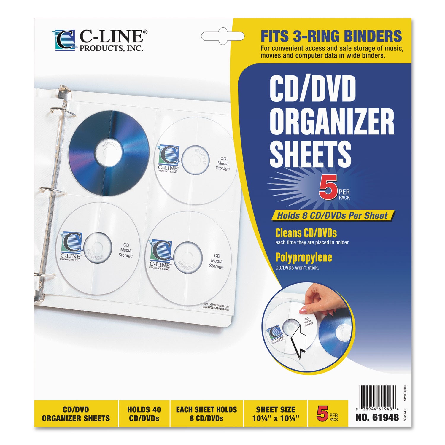 Deluxe CD Ring Binder Storage Pages, Standard, 8 Disc Capacity, Clear/White, 5/Pack - 
