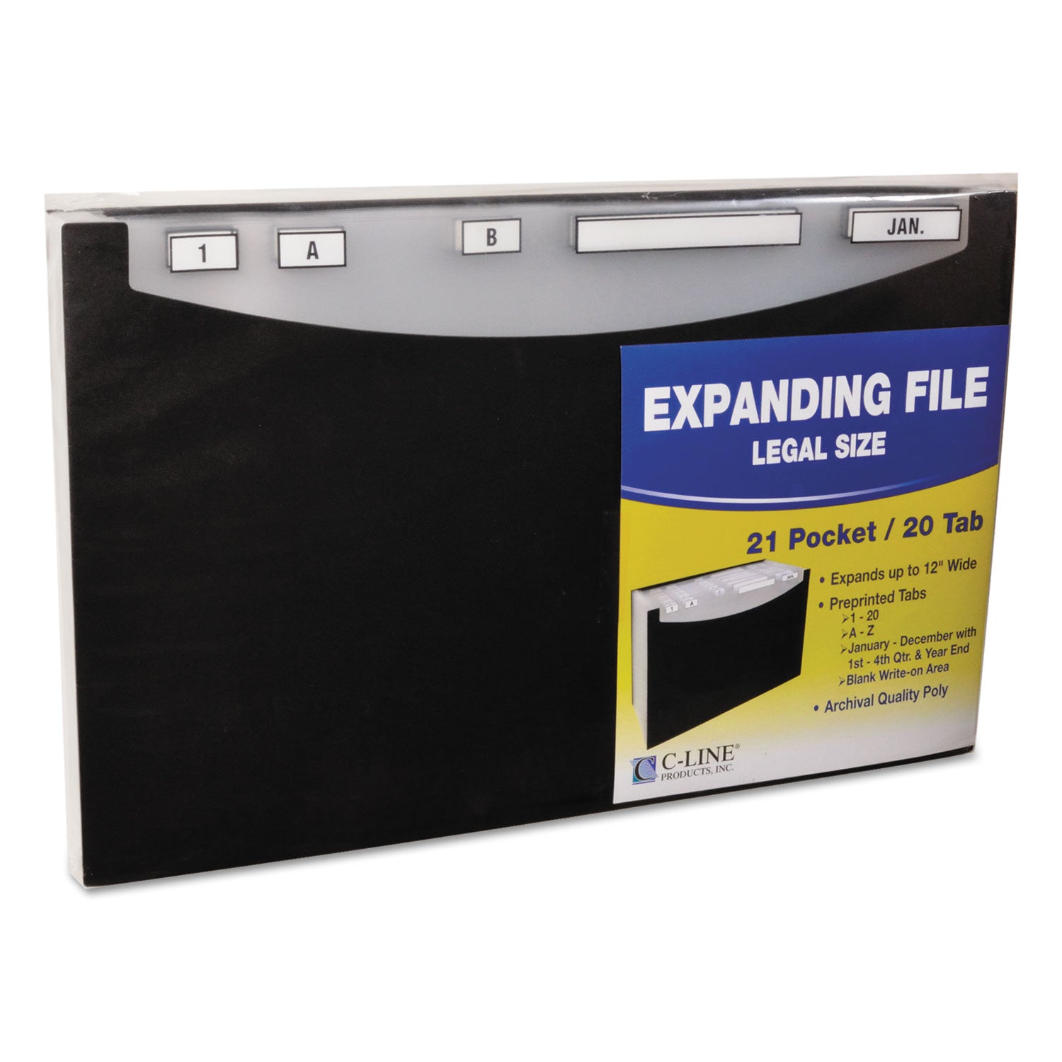 21-Pocket Stand-Up Design Expanding File, 12" Expansion, 21 Sections, 1/5-Cut Tabs, Legal Size, Black - 