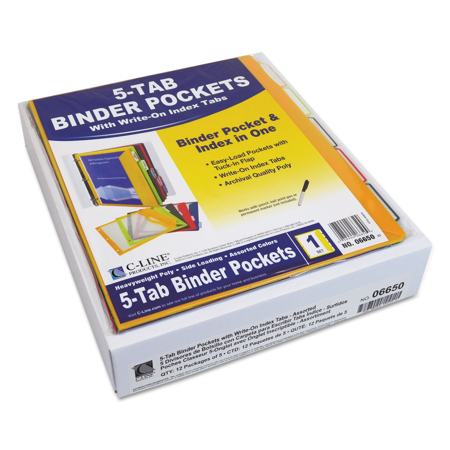 Binder Pocket With Write-On Index Tabs, 9.88 x 11.38, Assorted, 5/Set - 