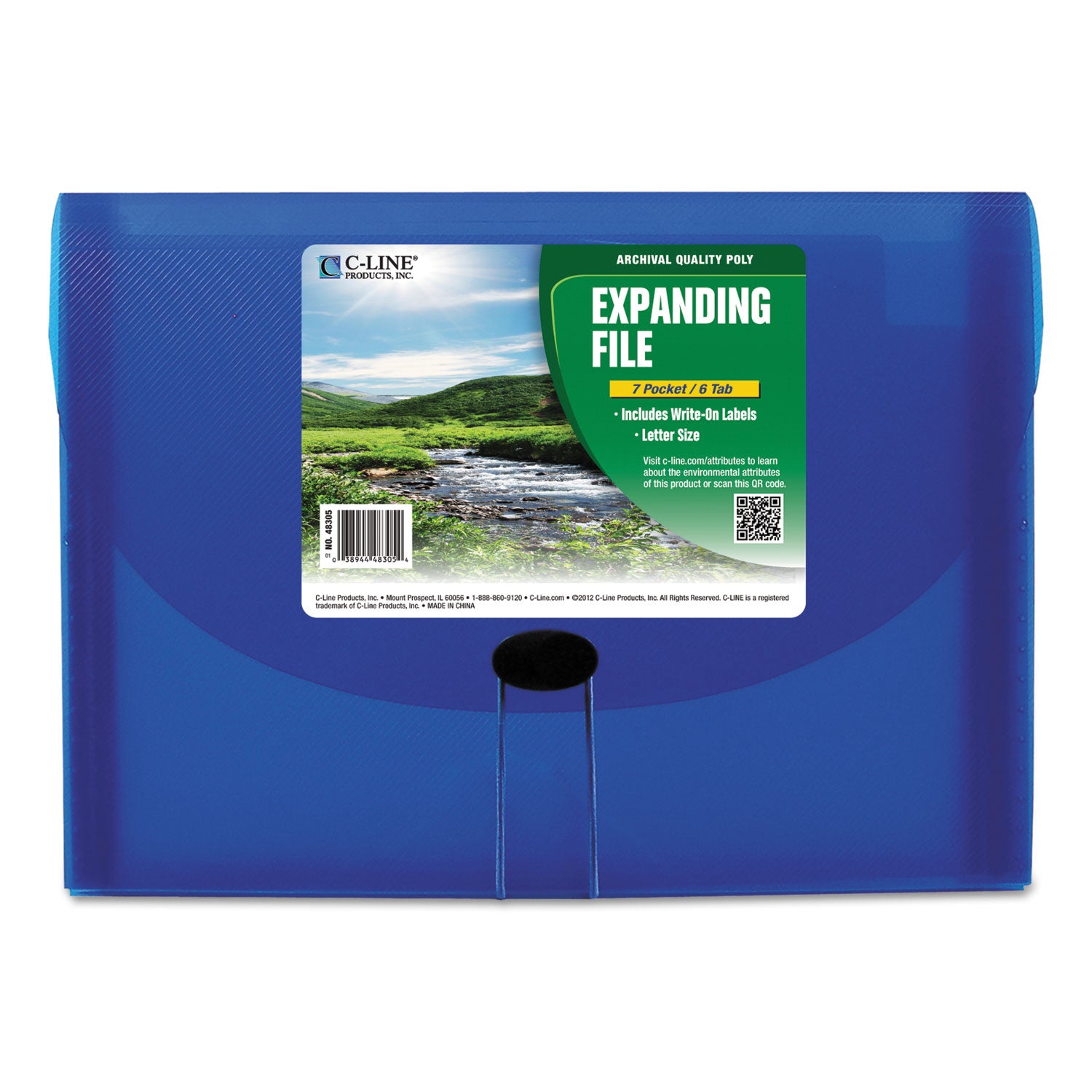 Expanding Files, 1.63" Expansion, 7 Sections, Cord/Hook Closure, 1/6-Cut Tabs, Letter Size, Blue - 