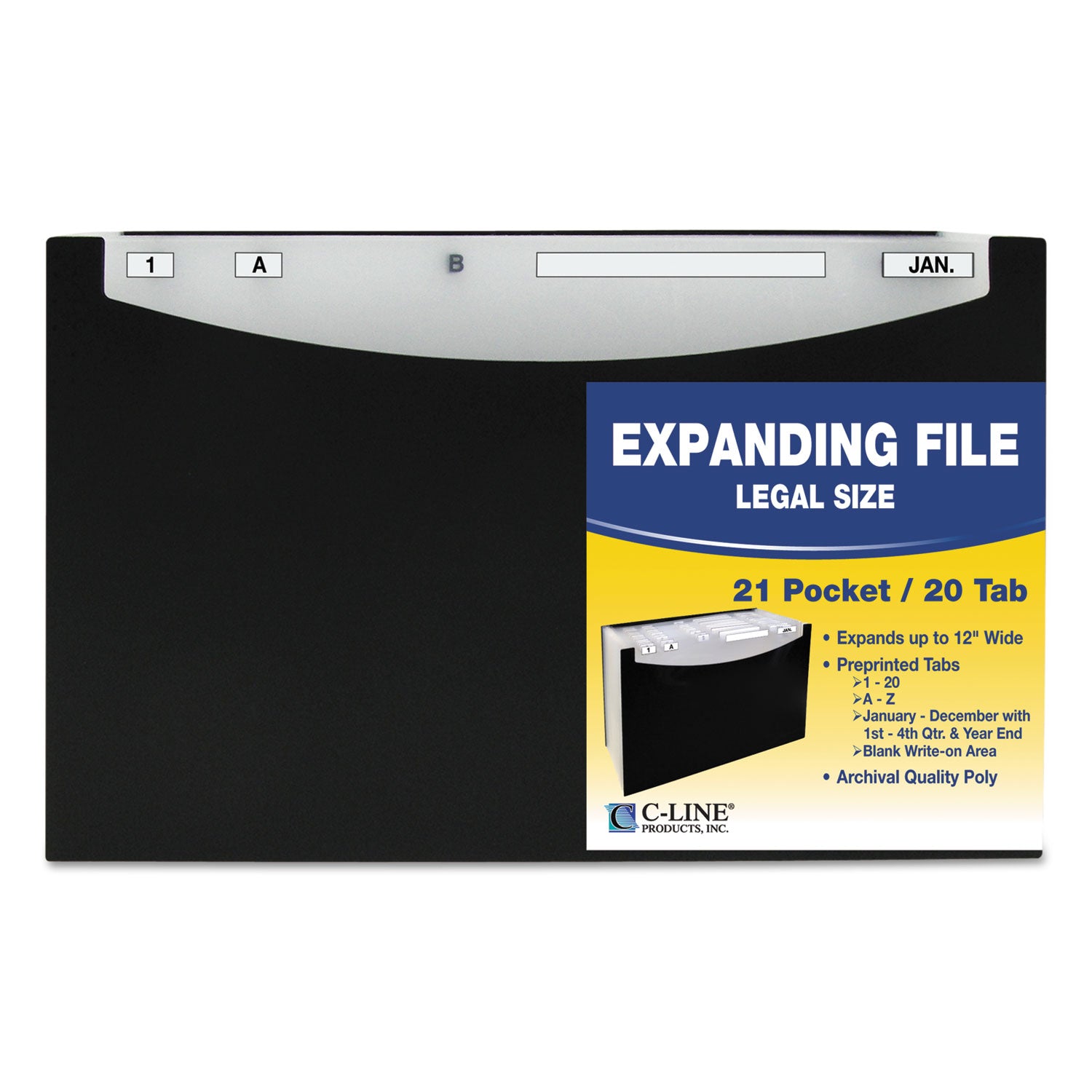 21-Pocket Stand-Up Design Expanding File, 12" Expansion, 21 Sections, 1/5-Cut Tabs, Legal Size, Black - 