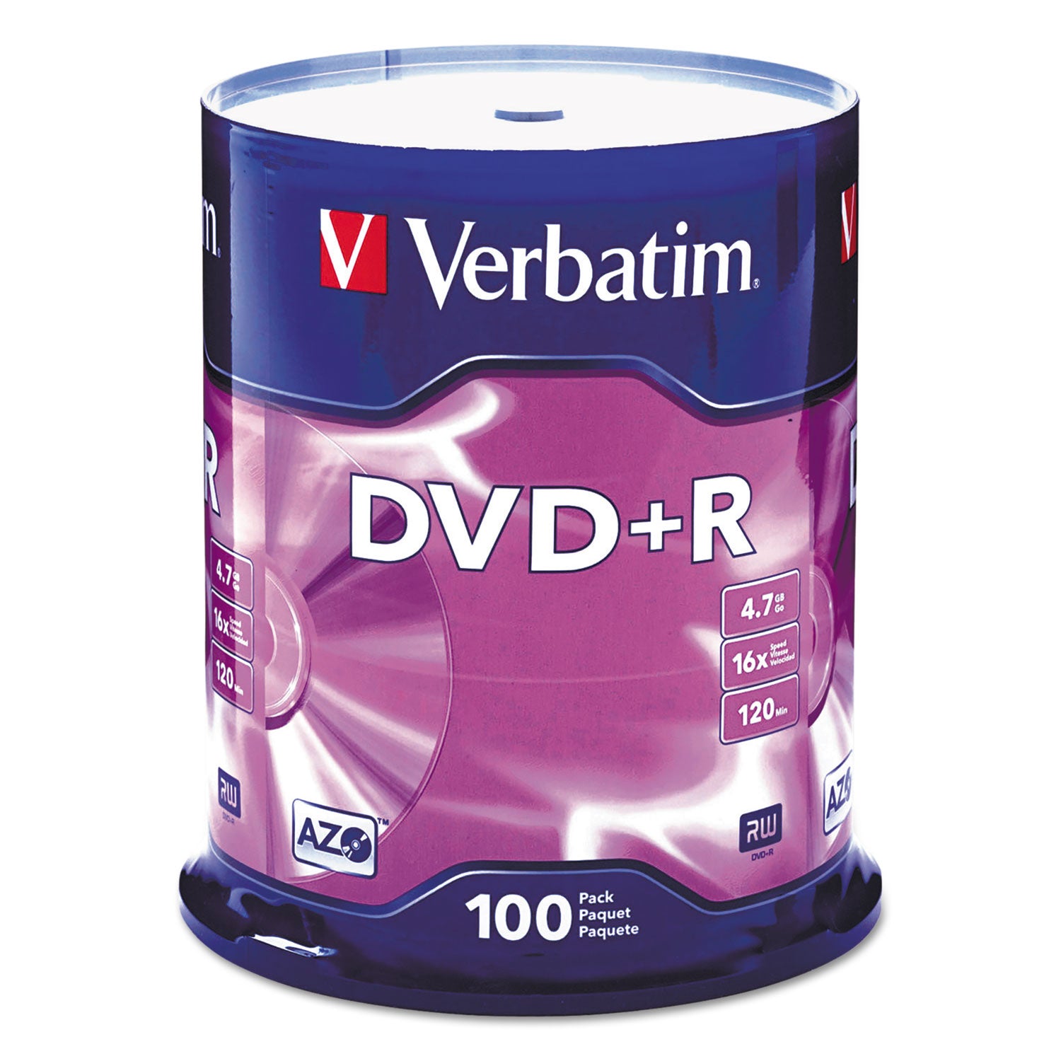DVD+R Recordable Disc, 4.7 GB, 16x, Spindle, Silver, 100/Pack - 