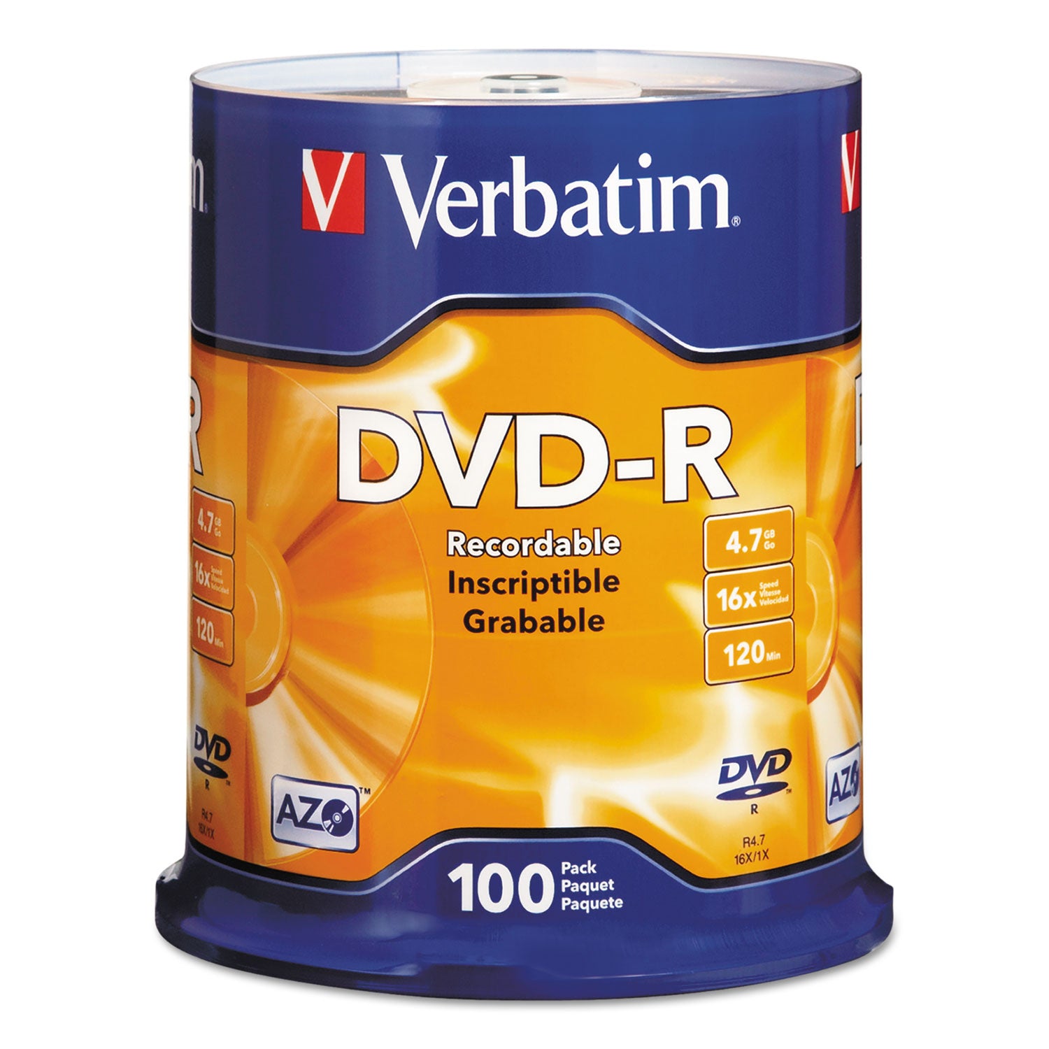 DVD-R Recordable Disc, 4.7 GB, 16x, Spindle, Silver, 100/Pack - 