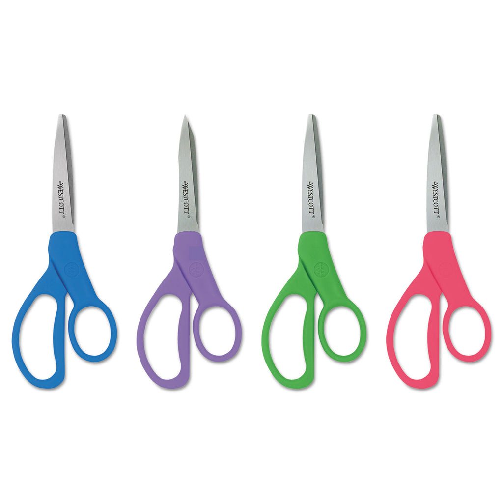 Student Scissors with Antimicrobial Protection, Pointed Tip, 7" Long, 3" Cut Length, Randomly Assorted Straight Handles - 