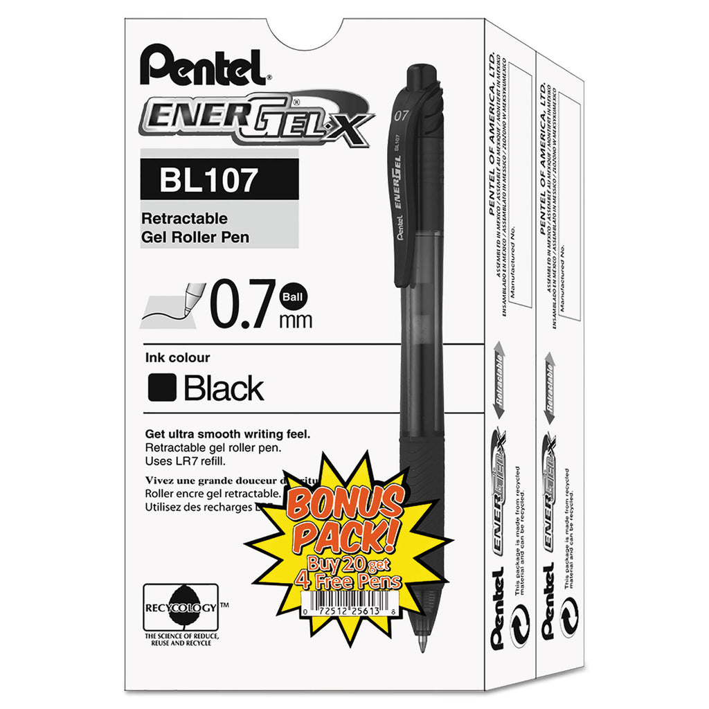 EnerGel-X Gel Pen, Retractable, Medium 0.7 mm, Black Ink, Smoke/Black Barrel, 24/Pack - 
