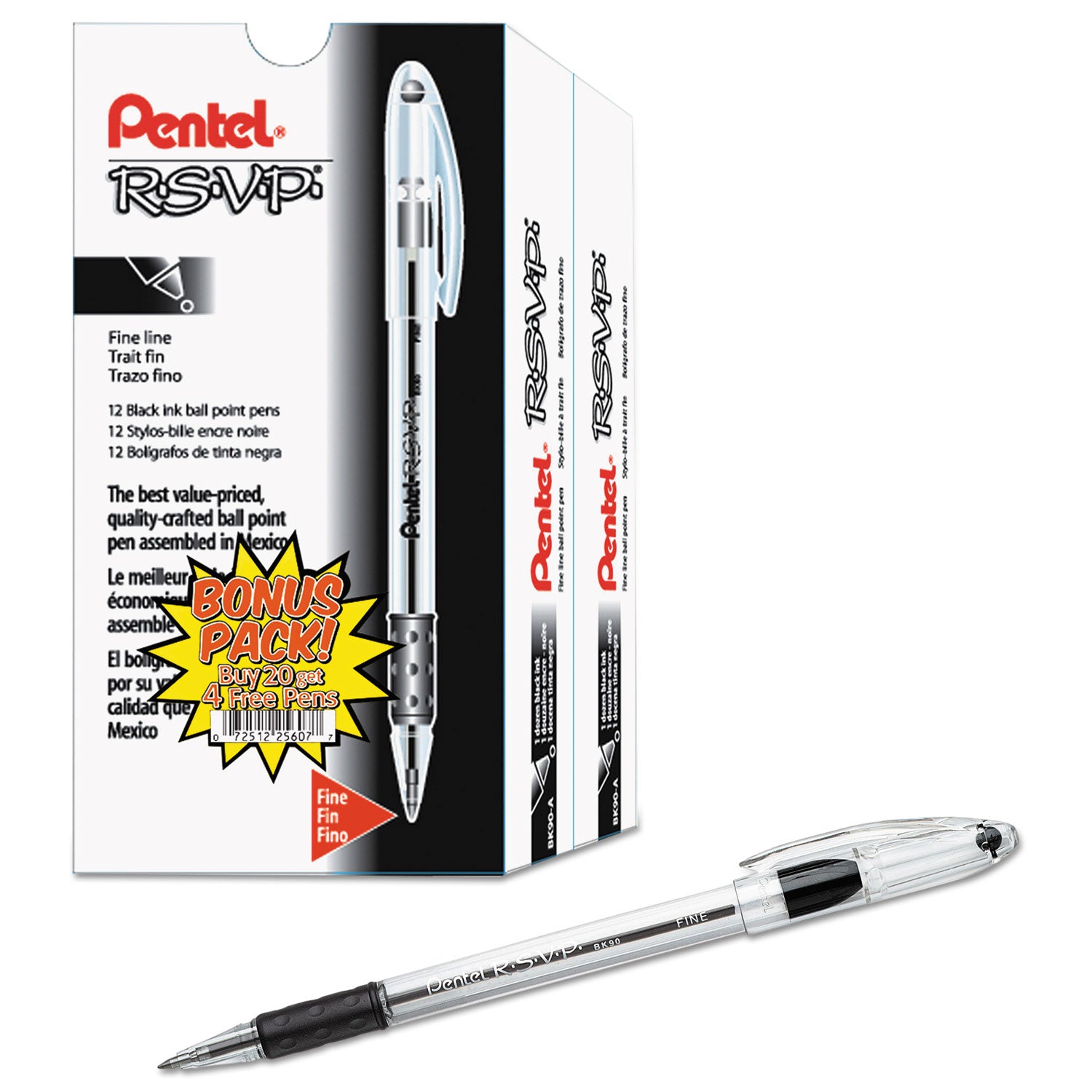 R.S.V.P. Ballpoint Pen Value Pack, Stick, Fine 0.7 mm, Black Ink, Clear/Black Barrel, 24/Pack - 