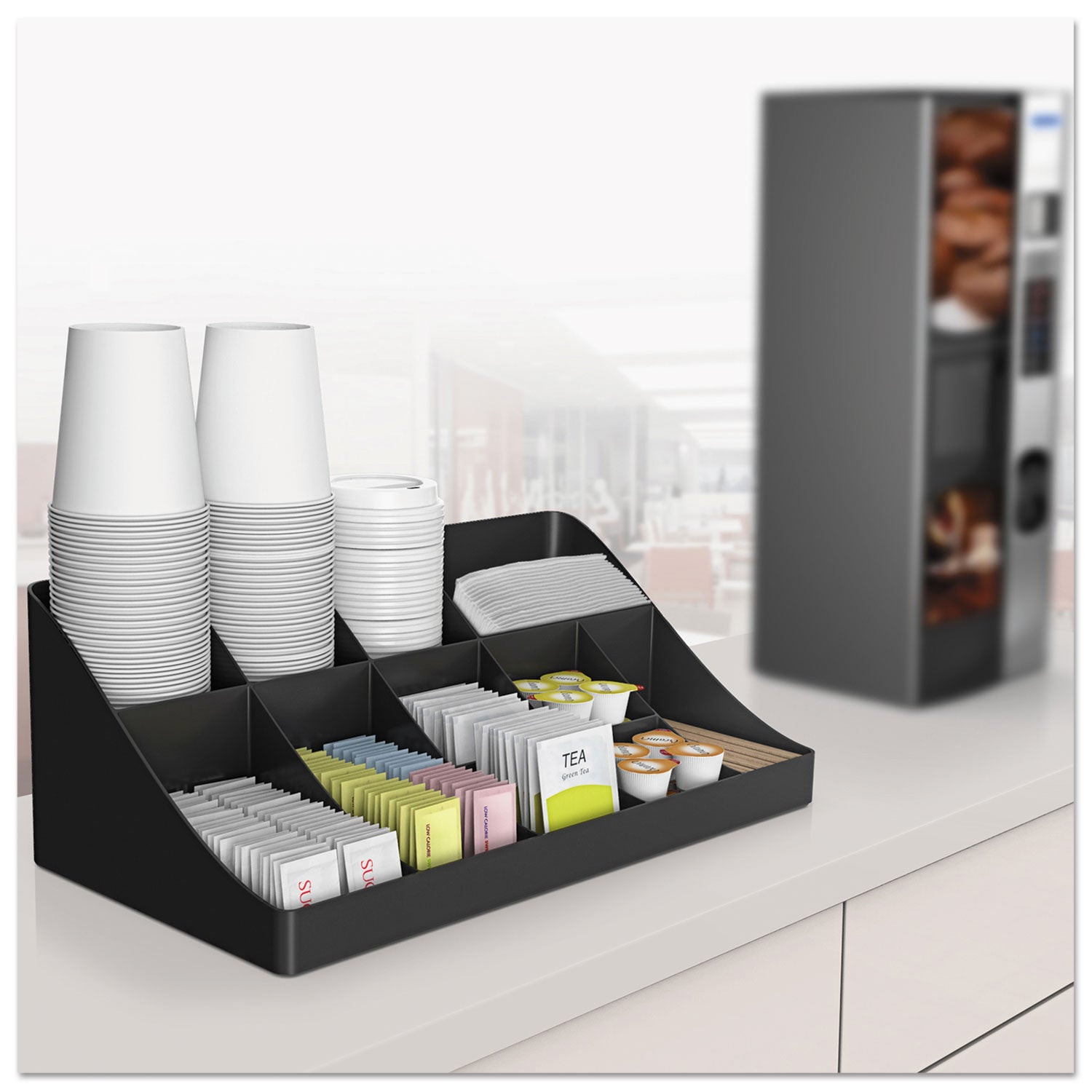 11-Compartment Coffee Condiment Organizer, 18.25 x 6.63 x 9.78, Black - 