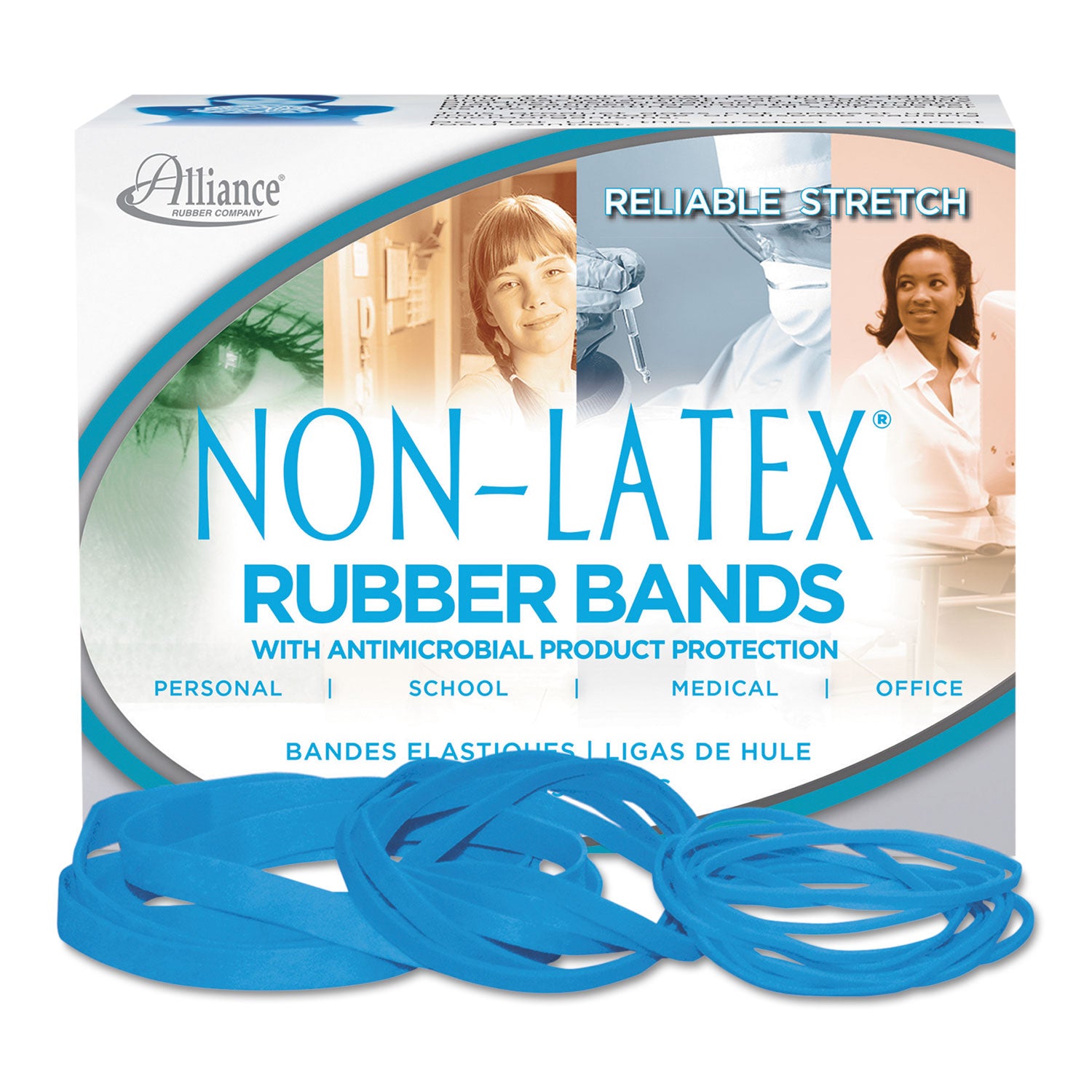 Antimicrobial Non-Latex Rubber Bands, Size 64, 0.04" Gauge, Cyan Blue, 4 oz Box, 95/Box - 
