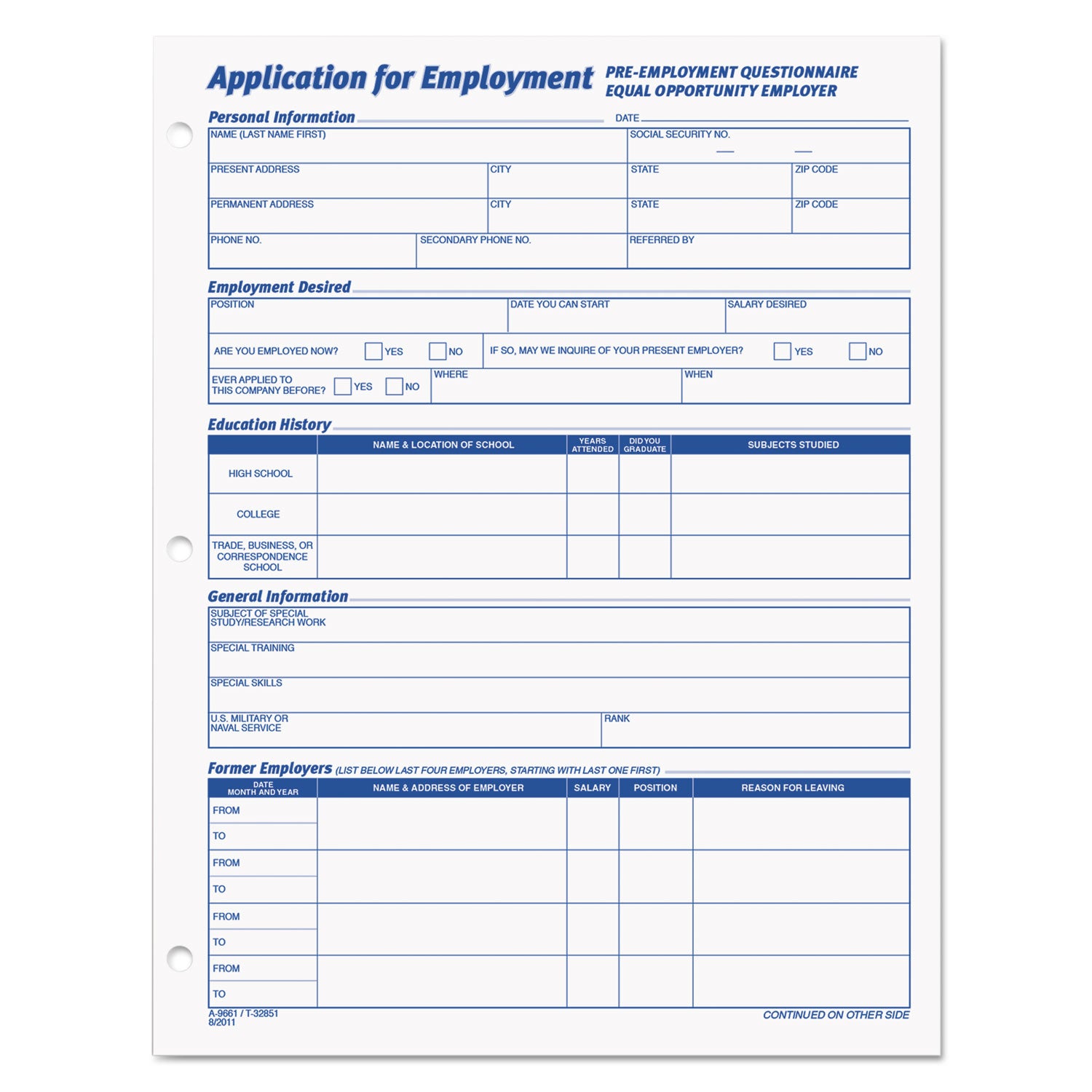 Employee Application Form, One-Part (No Copies), 11 x 8.38, 50 Forms/Pad, 2 Pads/Pack - 
