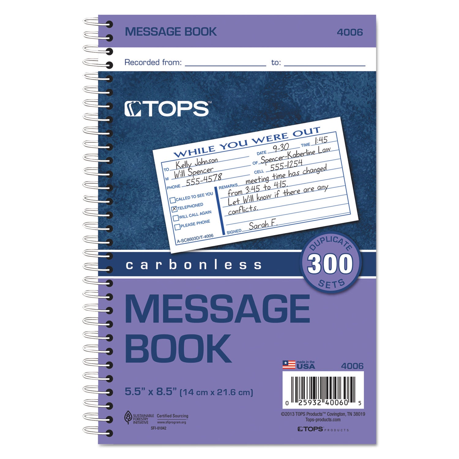 Spiralbound Message Book, Two-Part Carbonless, 5 x 2.83, 3 Forms/Sheet, 300 Forms Total - 