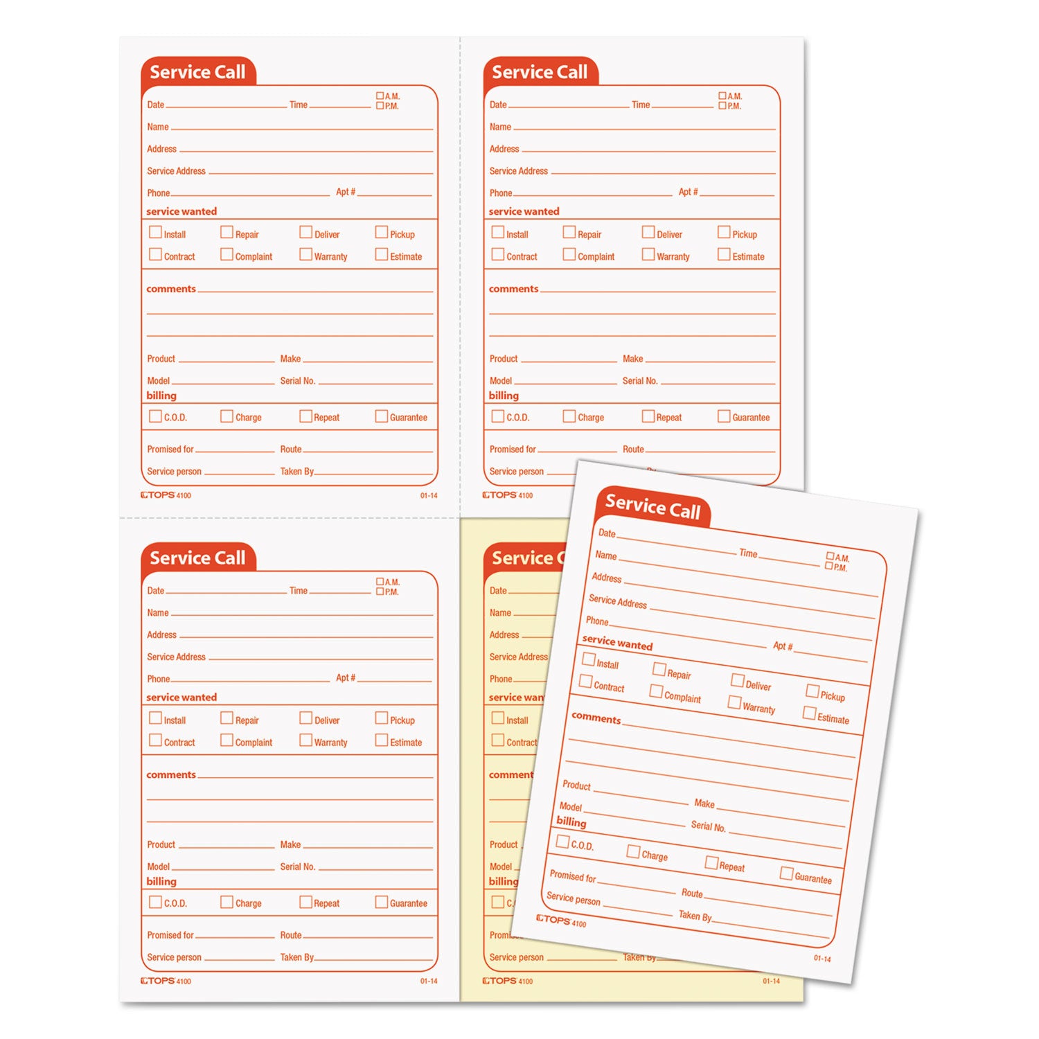 Service Call Book, Two-Part Carbonless, 5.5 x 3.88, 4 Forms/Sheet, 200 Forms Total - 