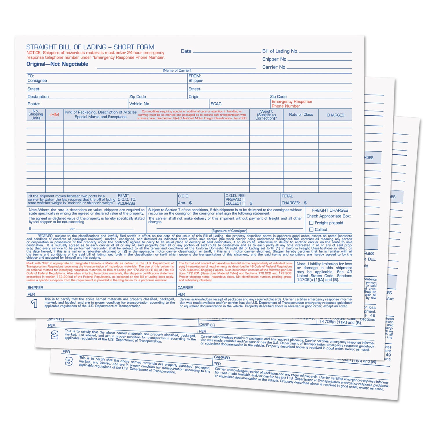 Hazardous Material Short Form, Three-Part Carbonless, 7 x 8.5, 50 Forms Total - 