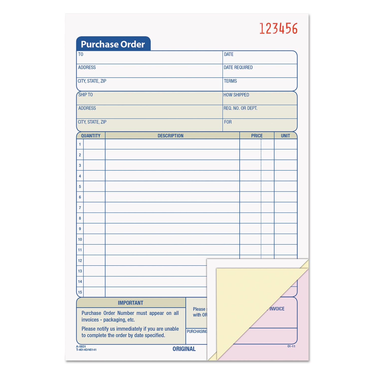 Purchase Order Book, 15 Lines, Three-Part Carbonless, 5.56 x 8.44, 50 Forms Total - 