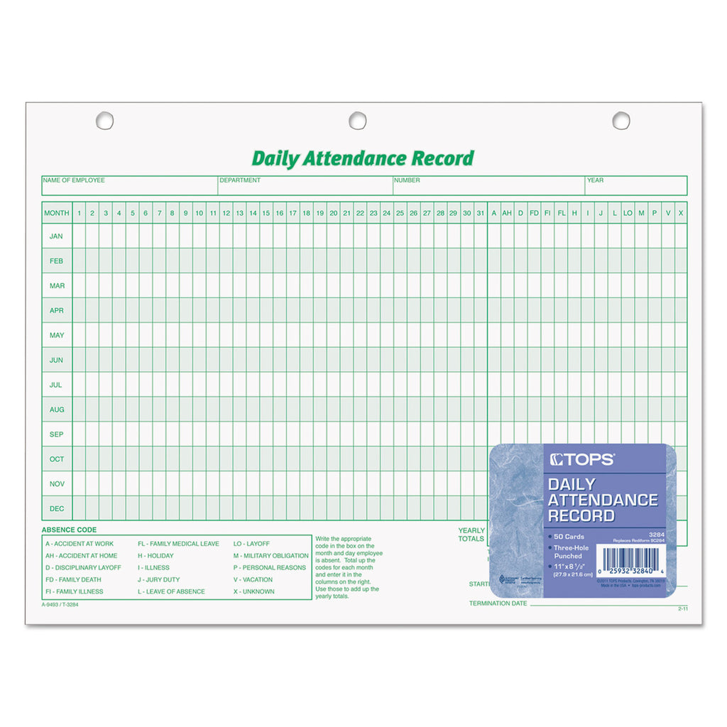 Daily Attendance Card, One-Part (No Copies), 11 x 8.5, 50 Forms Total - 