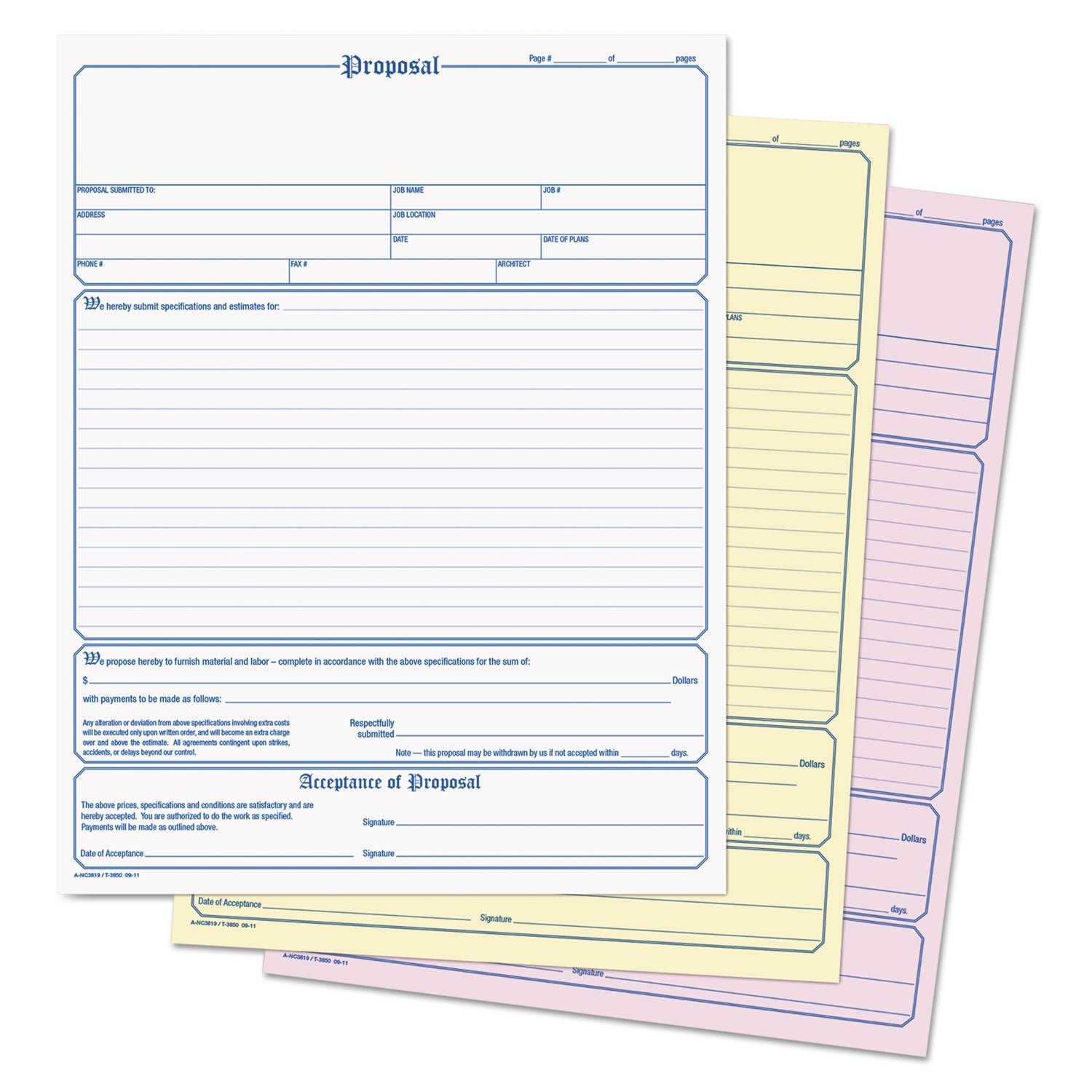 Contractor Proposal Form, Three-Part Carbonless, 8.5 x 11.44, 50 Forms Total - 