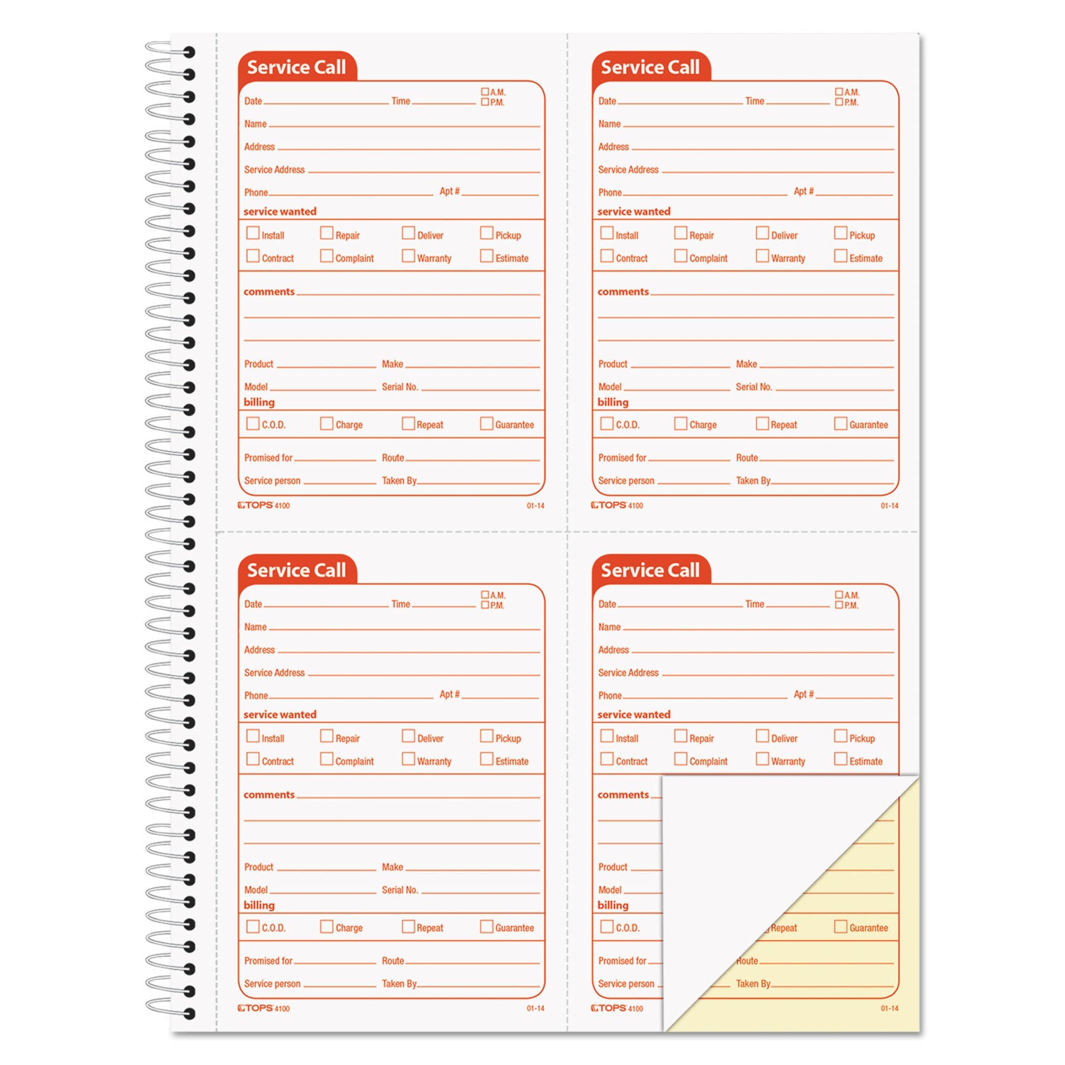 Service Call Book, Two-Part Carbonless, 5.5 x 3.88, 4 Forms/Sheet, 200 Forms Total - 