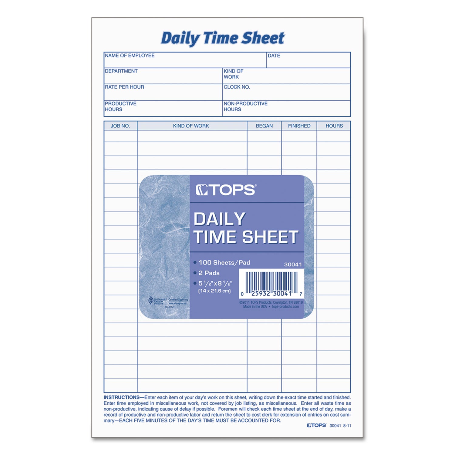 Daily Time and Job Sheets, One-Part (No Copies), 8.5 x 5.5, 200 Forms/Pad, 2 Pads/Pack - 