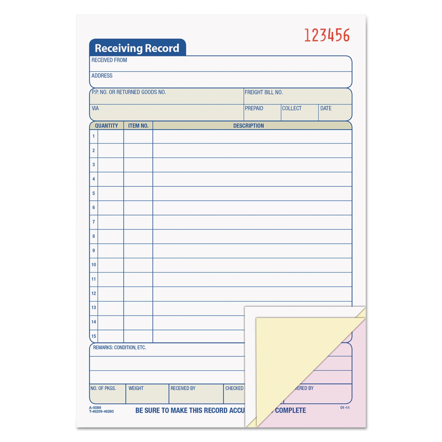 Receiving Record Book, Three-Part Carbonless, 5.56 x 7.94, 50 Forms Total - 