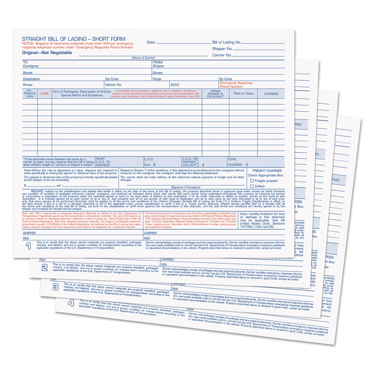 Hazardous Material Short Form, Four-Part Carbonless, 8.5 x 7, 50 Forms Total - 