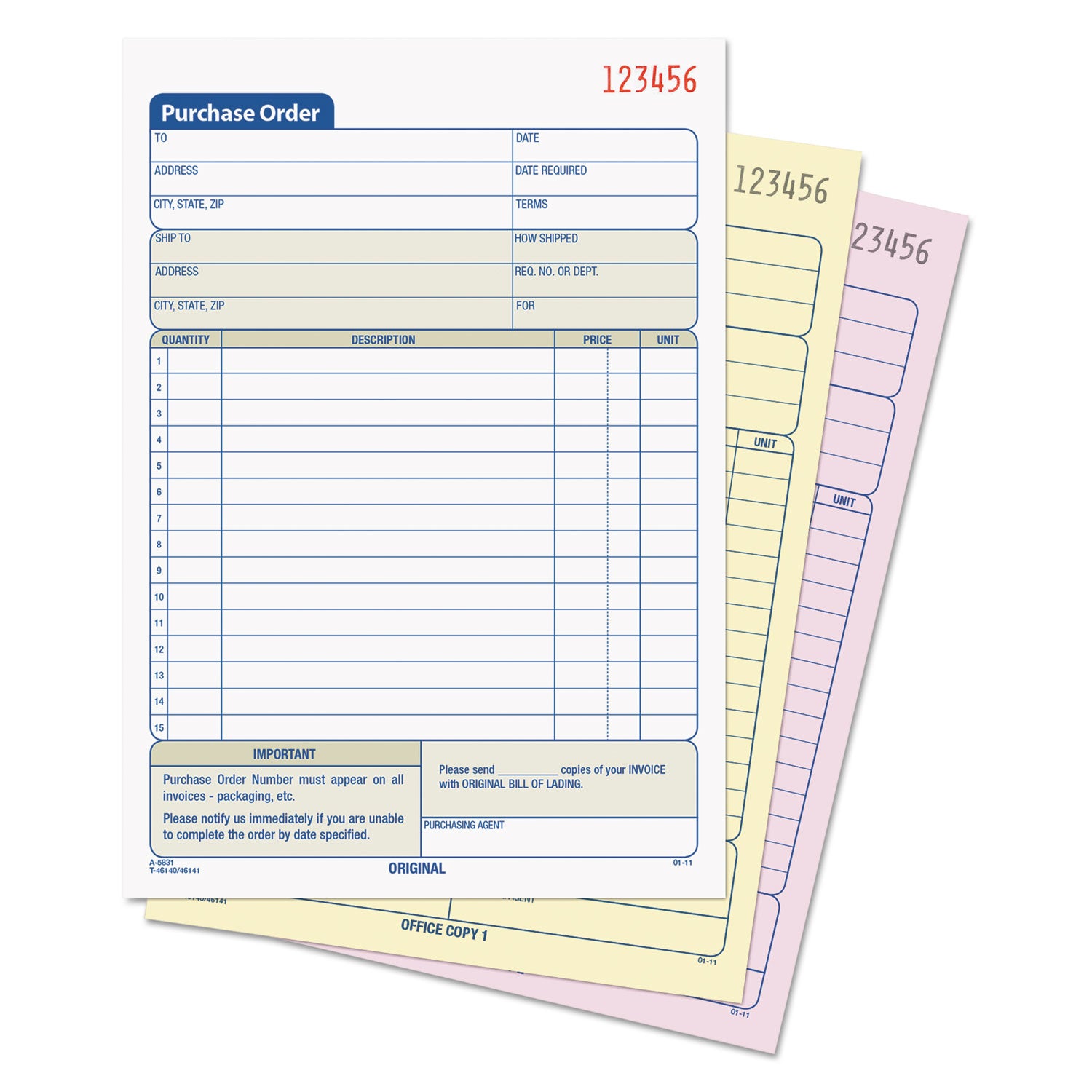 Purchase Order Book, 15 Lines, Three-Part Carbonless, 5.56 x 8.44, 50 Forms Total - 