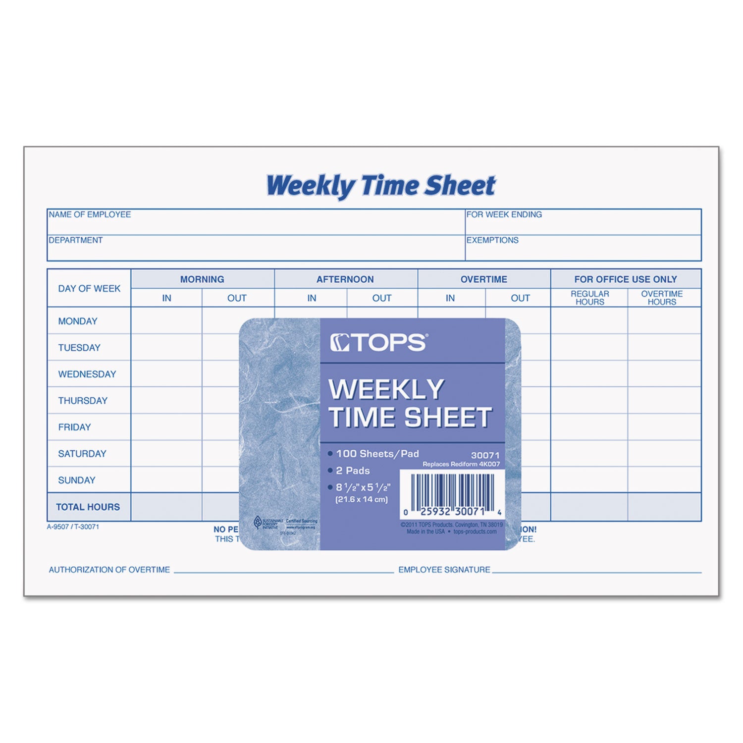 Weekly Time Sheets, One-Part (No Copies), 8.5 x 5.5, 50 Forms/Pad, 2 Pads/Pack - 