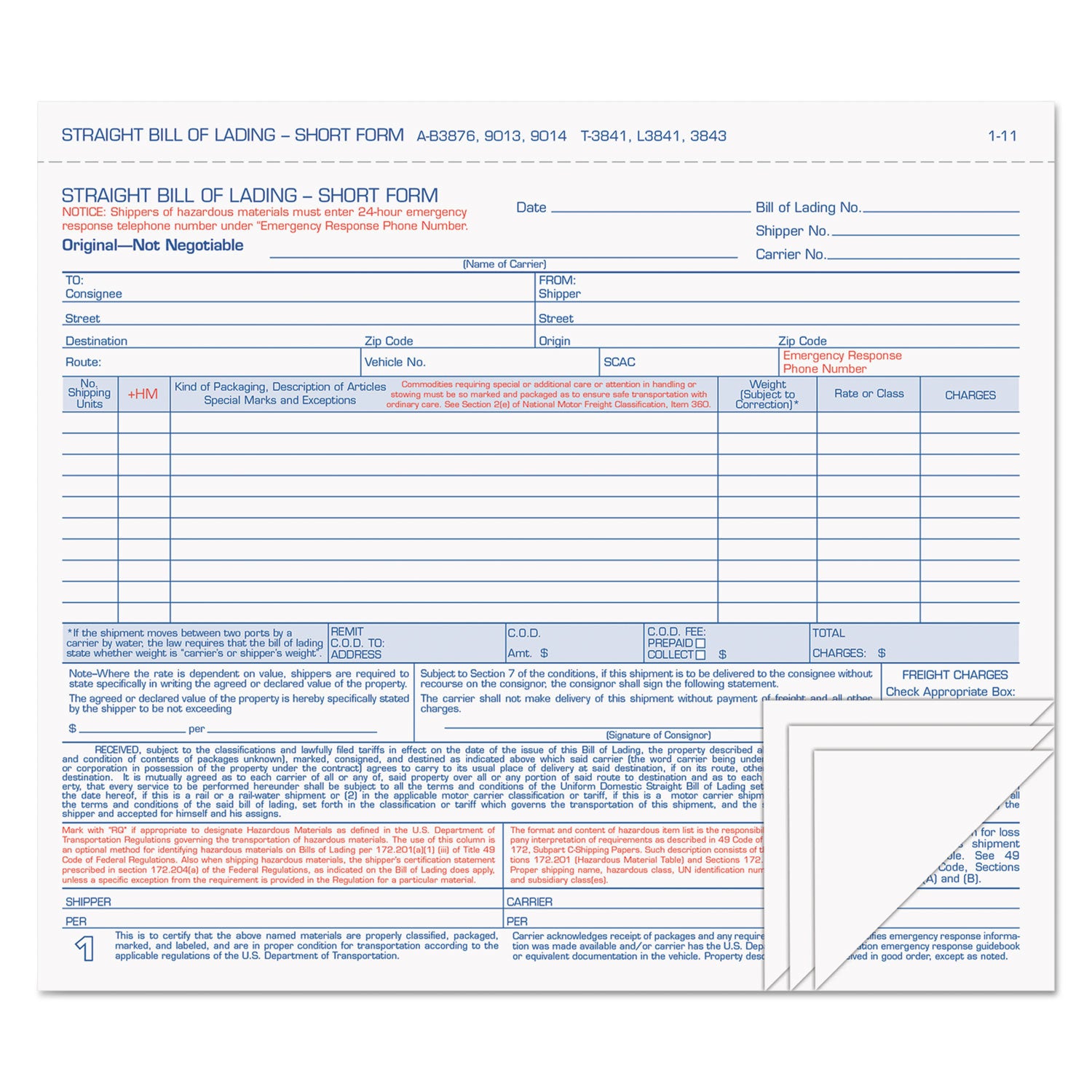 Hazardous Material Short Form, Four-Part Carbonless, 8.5 x 7, 50 Forms Total - 